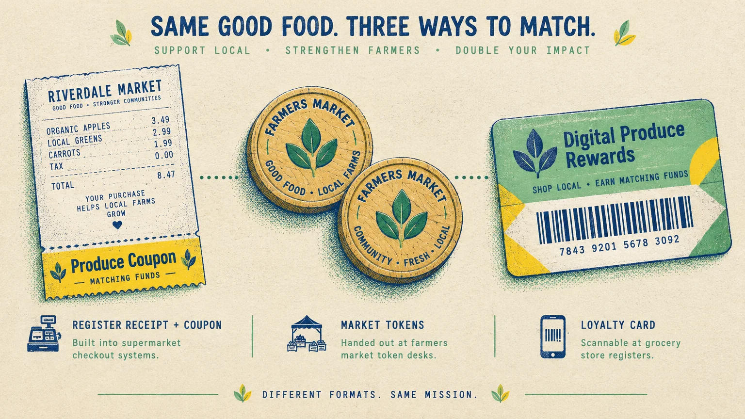 Graphic showing three match formats: a receipt with a produce coupon, two wooden farmers market tokens, and a loyalty card.