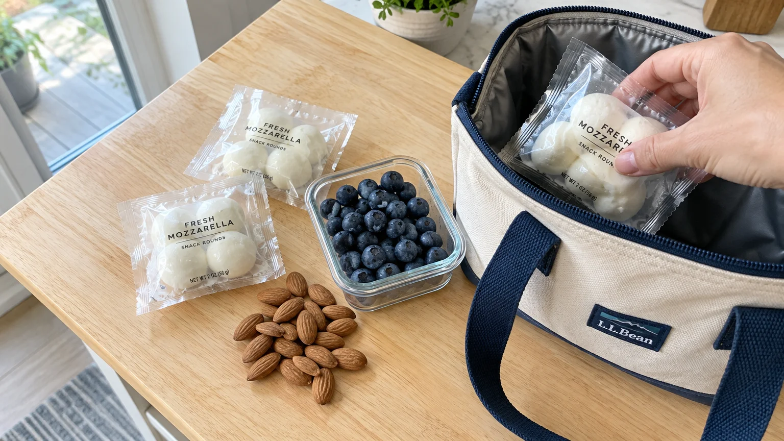 Hand packing a pouch of fresh mozzarella snack rounds into a lunch tote beside blueberries, almonds, and extra cheese packs.