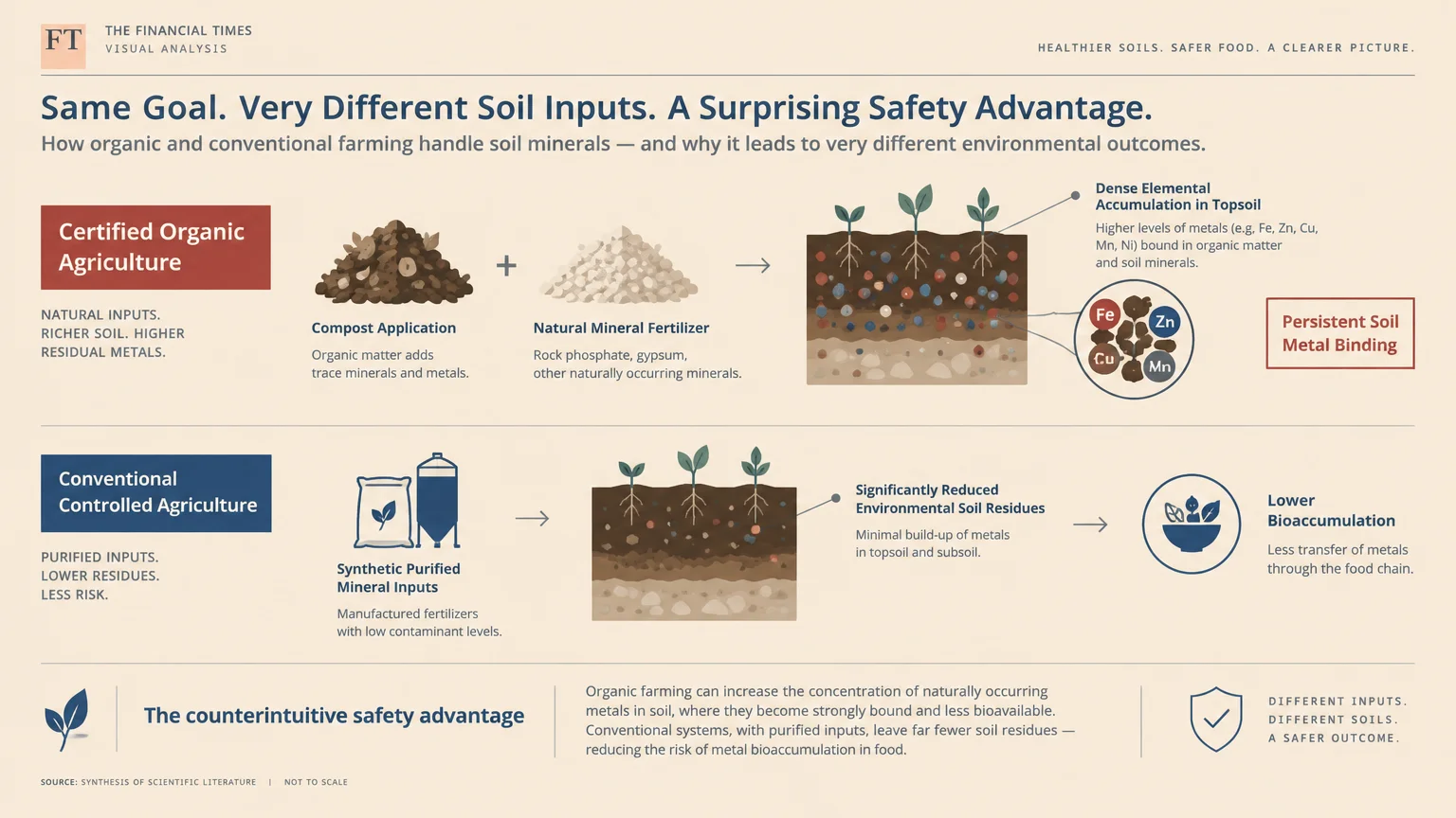 Diagram comparing certified organic soil inputs accumulating heavy metals against conventional inputs with lower soil residues.