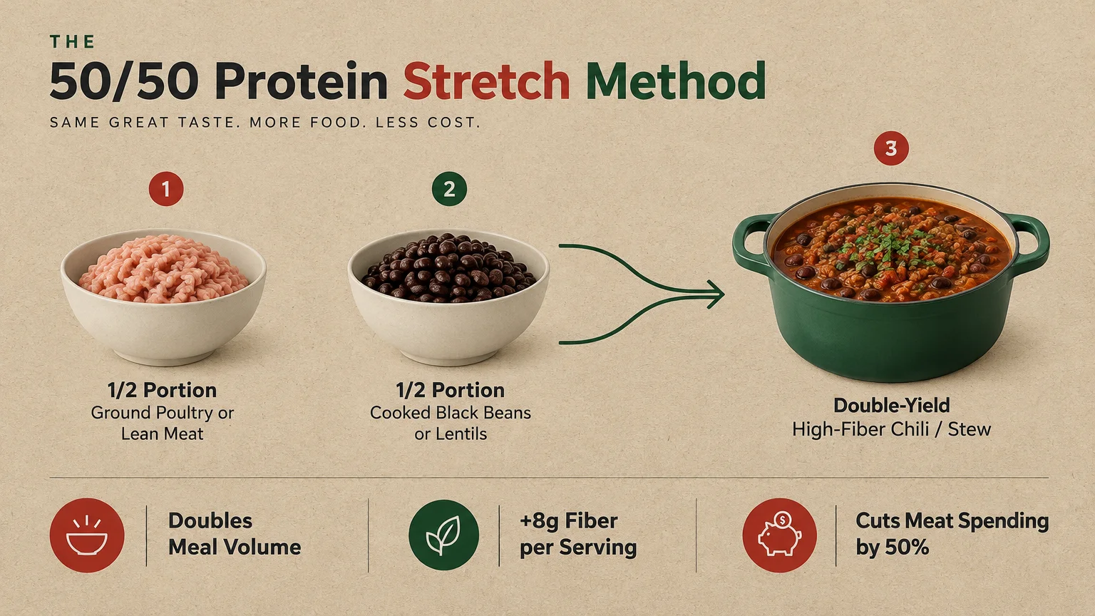 Diagram of the 50/50 Protein Stretch Method showing bowls of ground meat and black beans combined into a pot of chili.