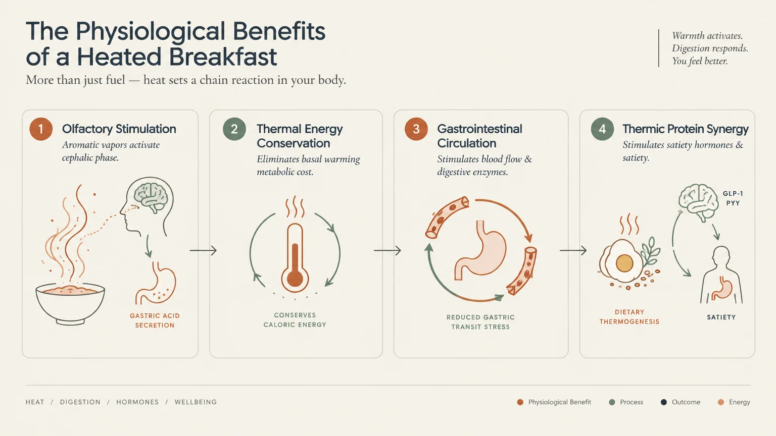 Diagram outlining four steps of physiological benefits from a heated breakfast, from olfactory stimulation to satiety.