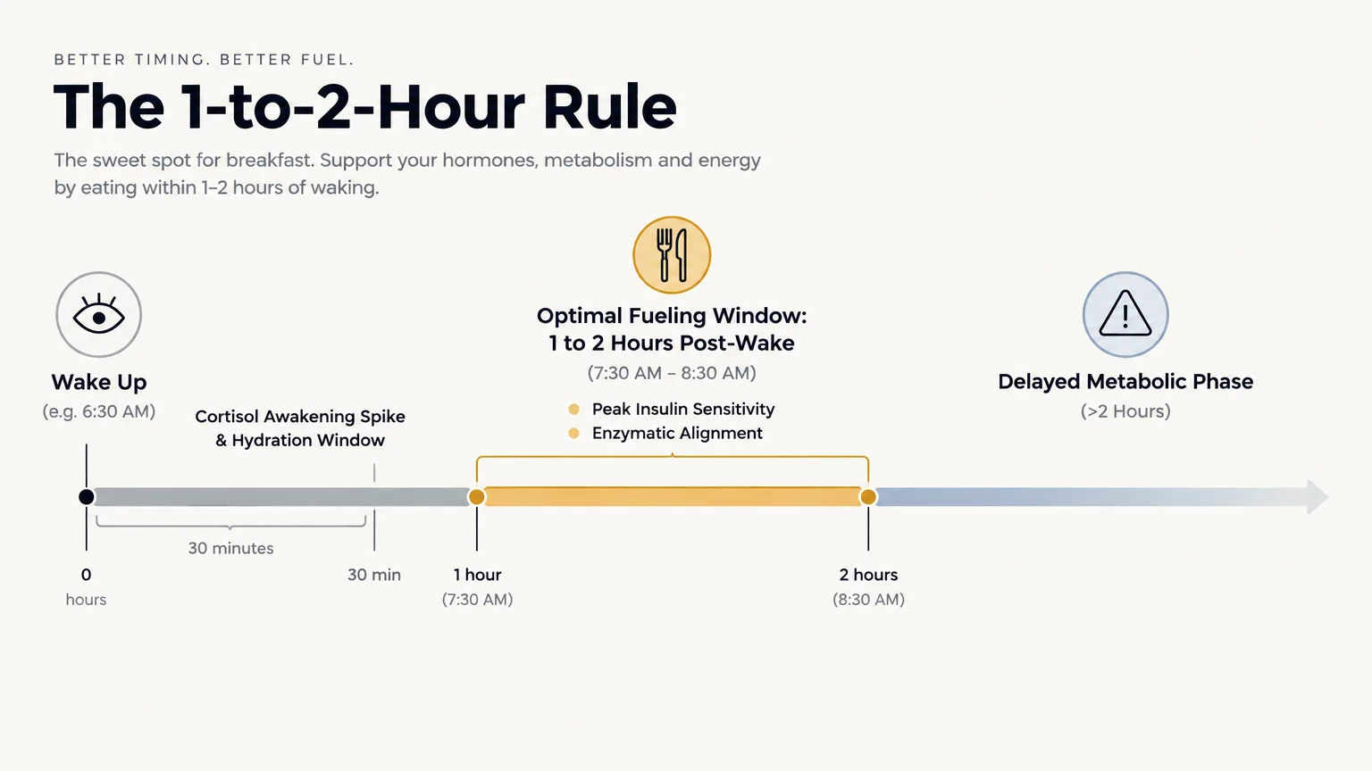 Timeline infographic outlining the 1-to-2-hour post-wake optimal fueling window for breakfast.
