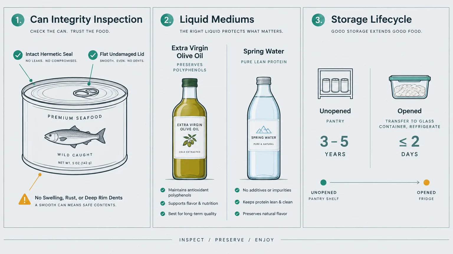 Infographic showing three steps: inspecting can seals and lids, choosing olive oil or spring water, and tracking shelf life.