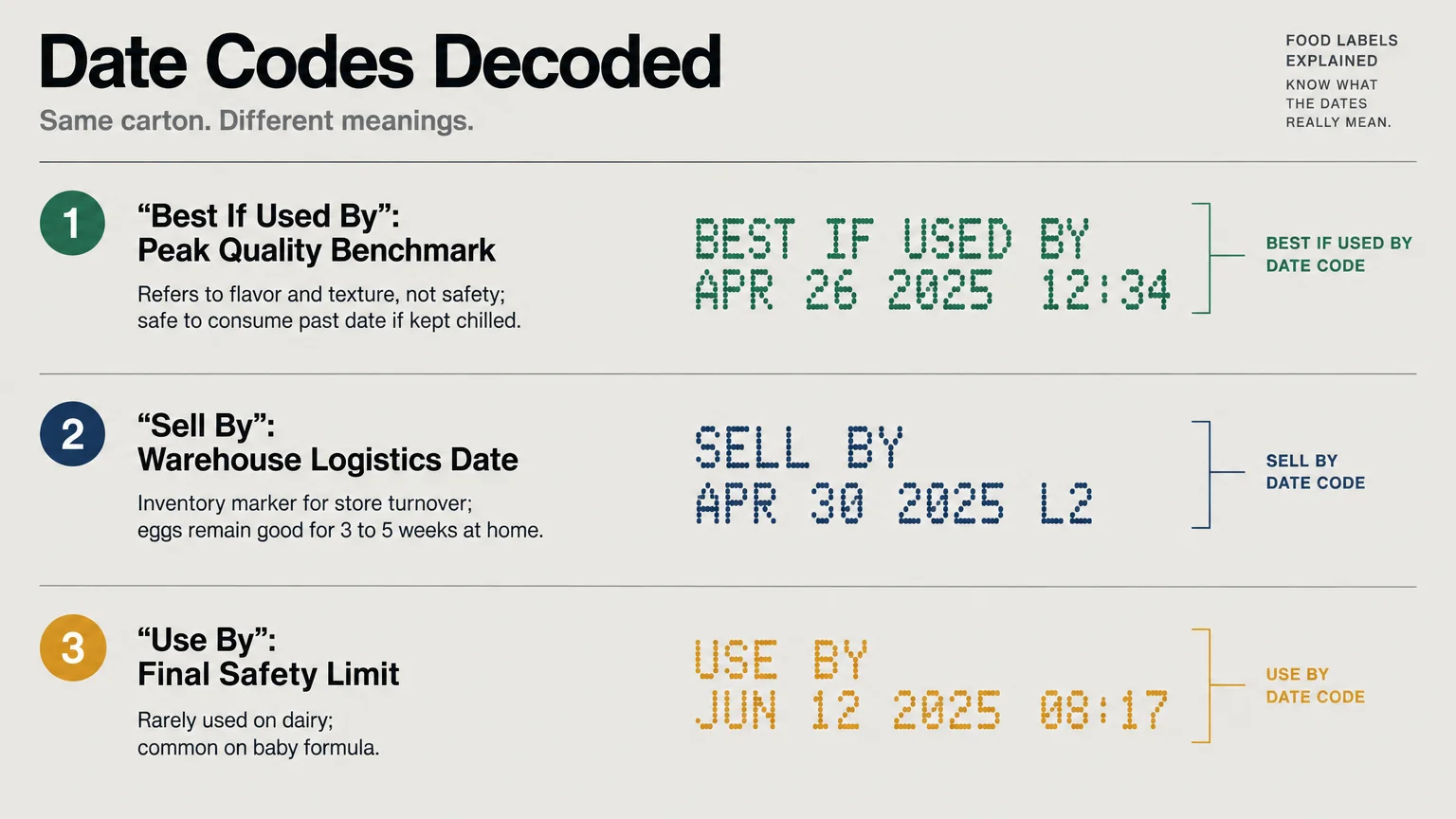 Diagram decoding Best If Used By, Sell By, and Use By date code stamps with explanations.