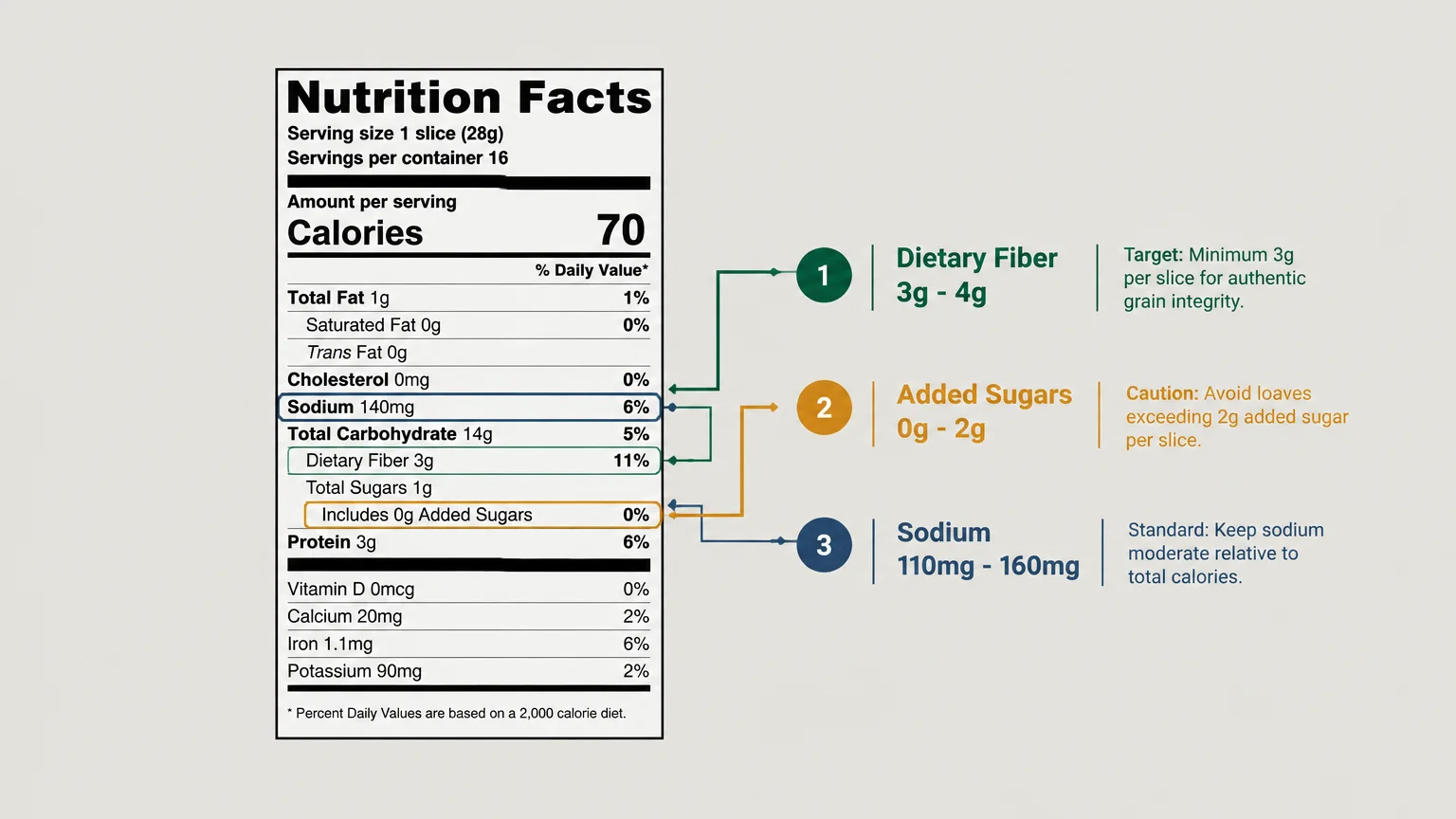 Nutrition Facts label diagram highlighting dietary fiber, sodium, and added sugars with recommended target ranges.