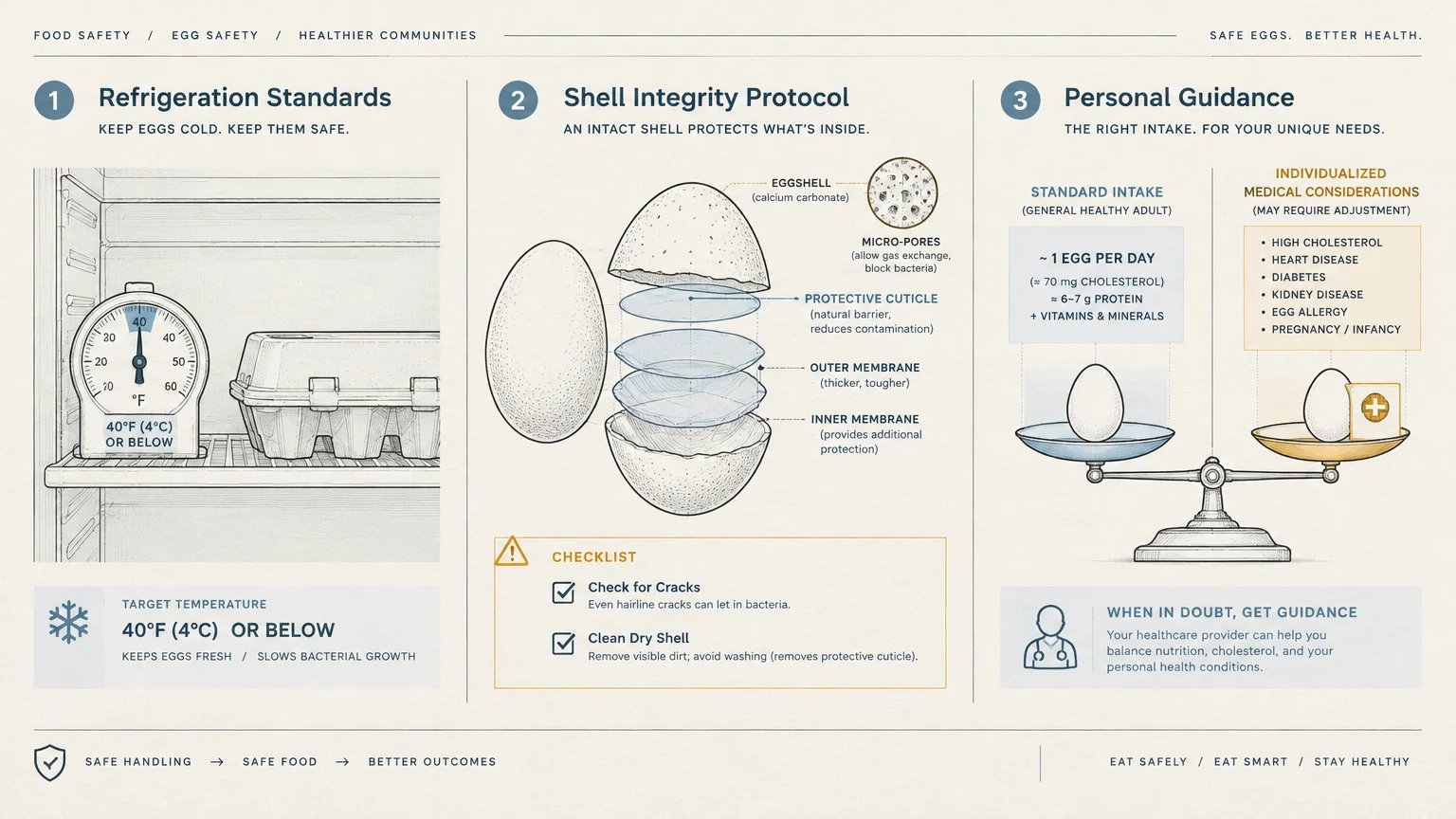 Infographic detailing egg safety in three panels: refrigerator temperatures, shell integrity layers, and personalized intake.