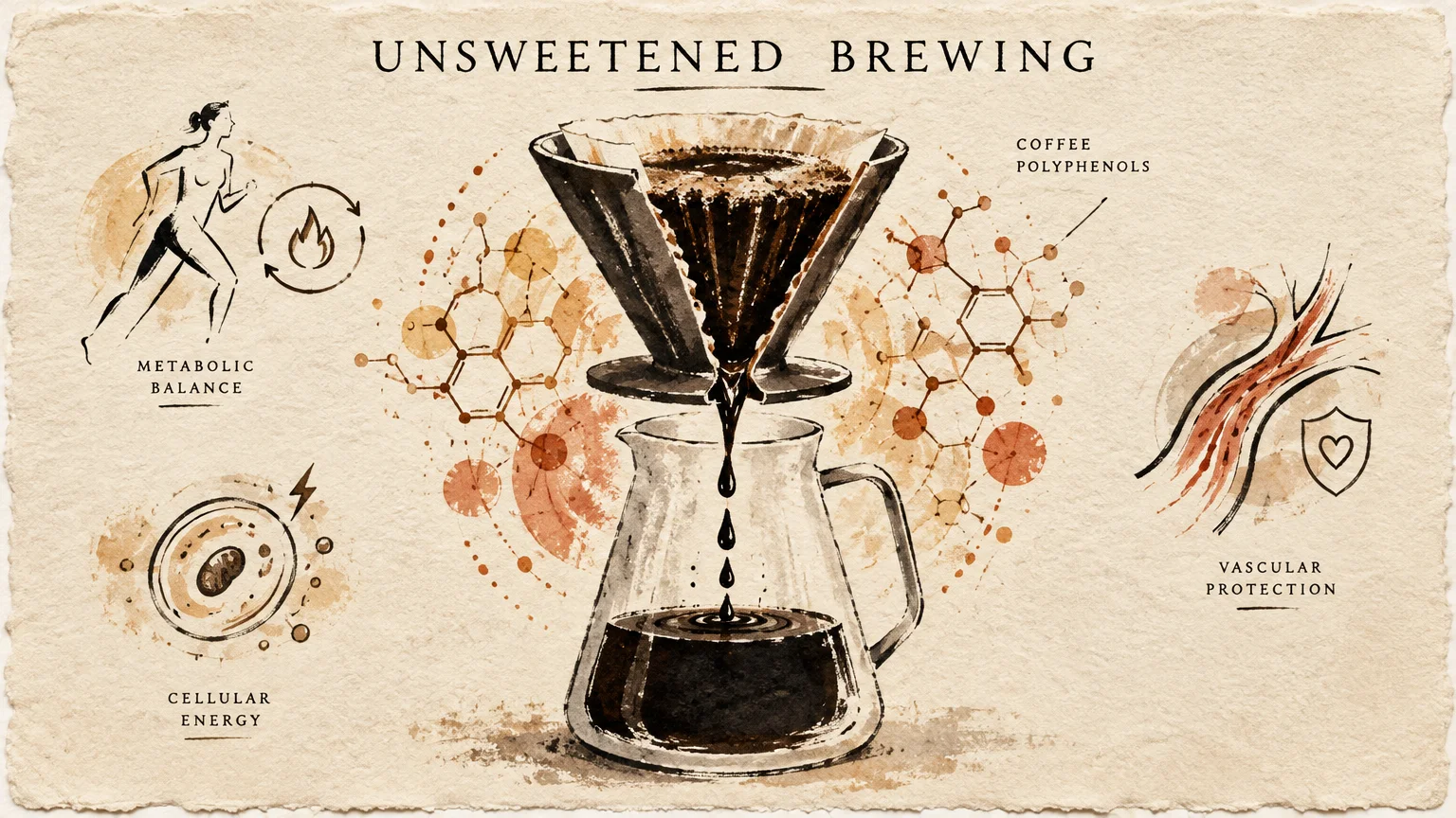 Illustration of pour-over coffee brewing surrounded by health diagrams for metabolic balance and vascular protection.