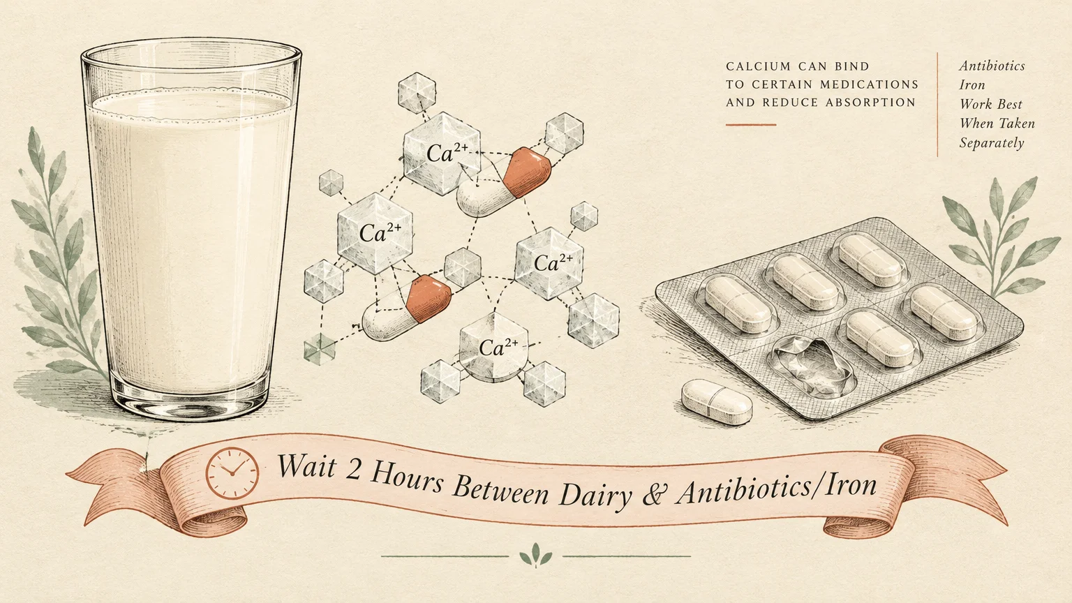 Illustration of a glass of milk, calcium molecules binding to capsules, and a blister pack of pills with a warning banner.