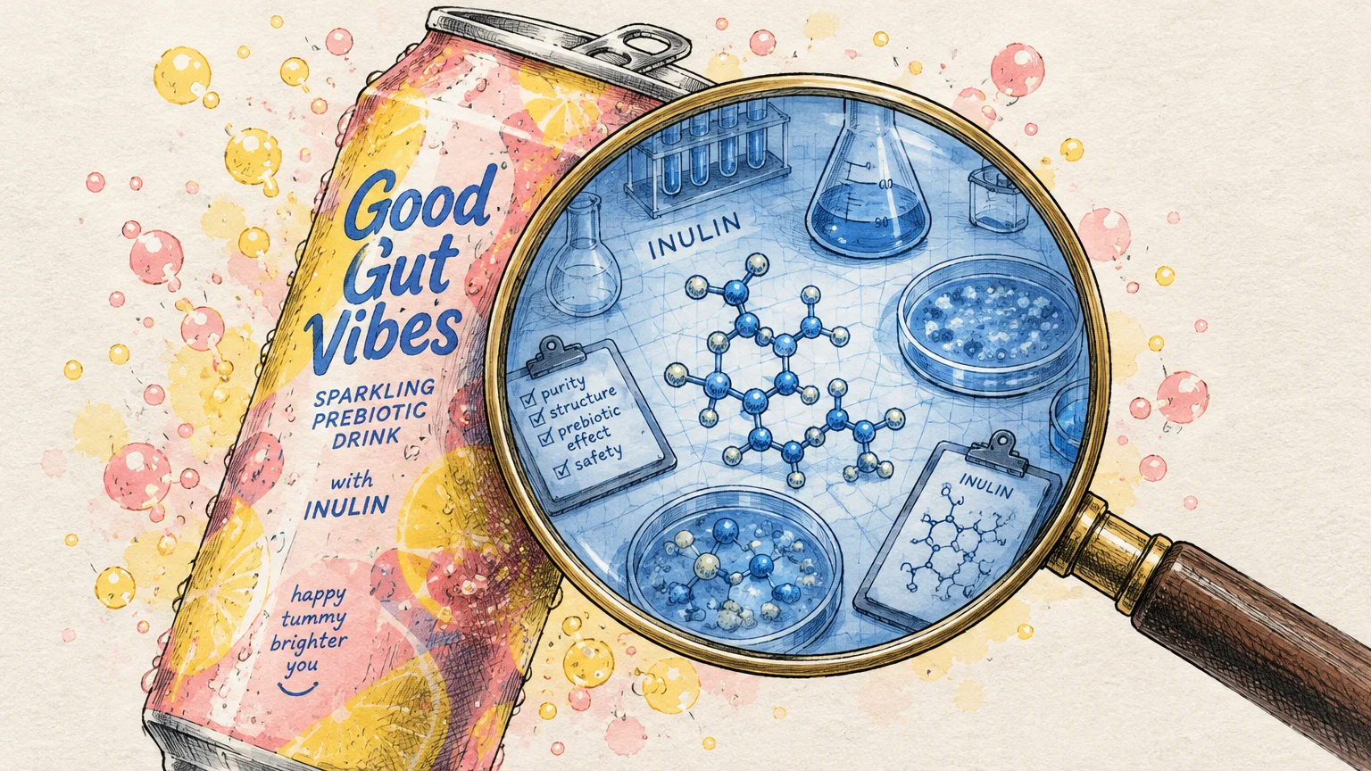 Illustration of a magnifying glass showing laboratory equipment and inulin molecules over a prebiotic soda can.