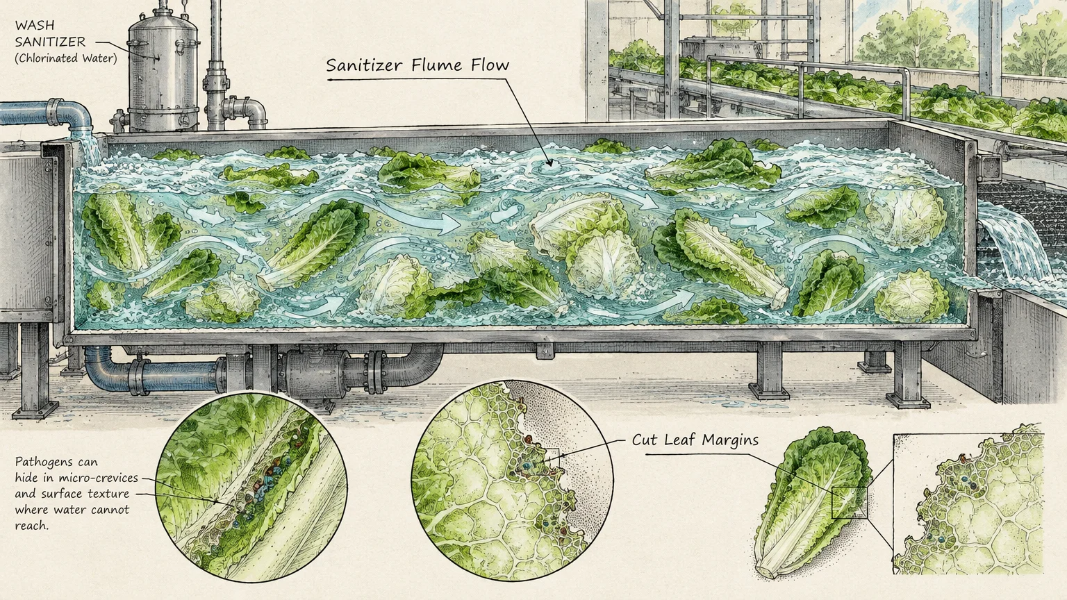 Diagram of lettuce moving through an industrial chlorinated water flume, with microscopic callouts of cut leaf margins.