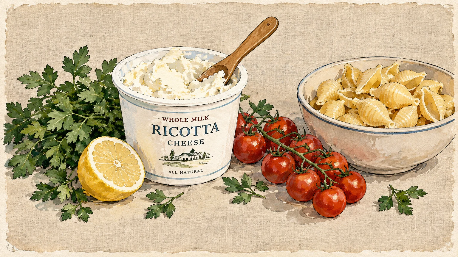 Illustration of a tub of ricotta cheese with a wooden spoon, lemon half, parsley, tomatoes on the vine, and shell pasta.