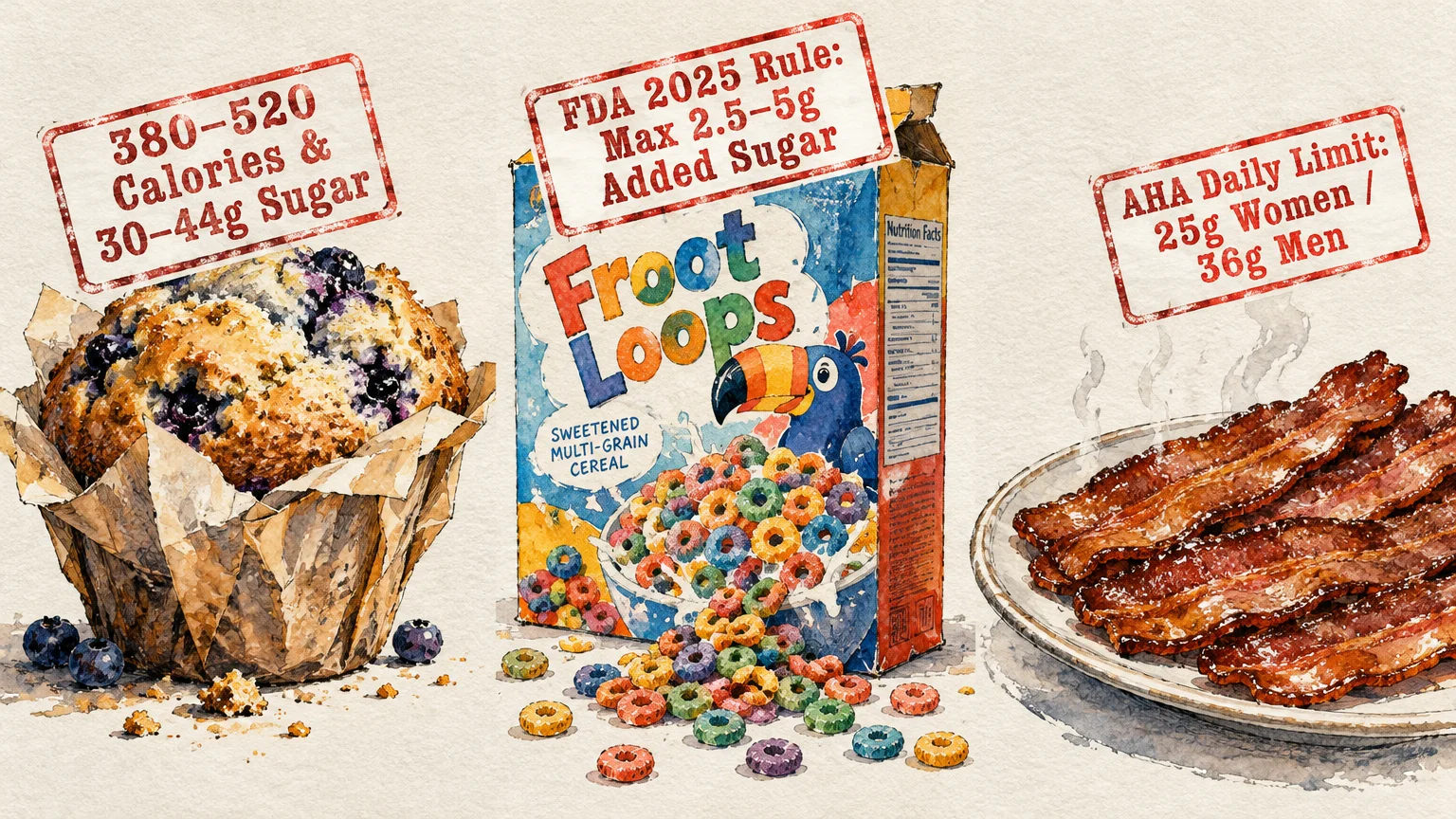 Watercolor painting of a blueberry muffin, Froot Loops box, and plate of bacon with red nutritional warning stamps.