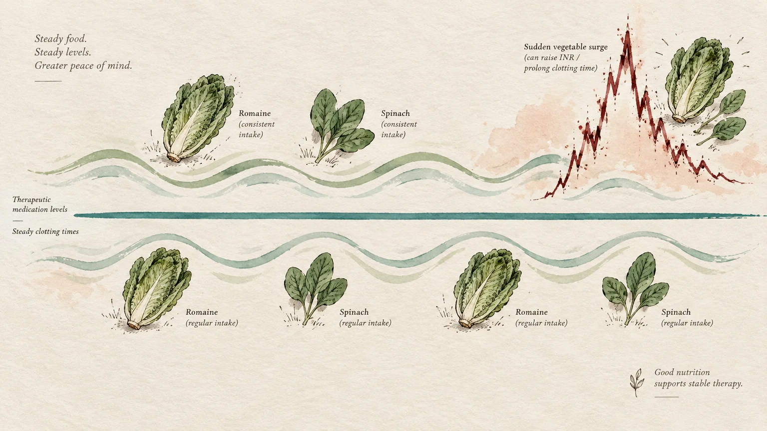 Illustrated chart comparing steady romaine and spinach intake along a smooth wave to a sharp spike from a sudden vegetable surge.