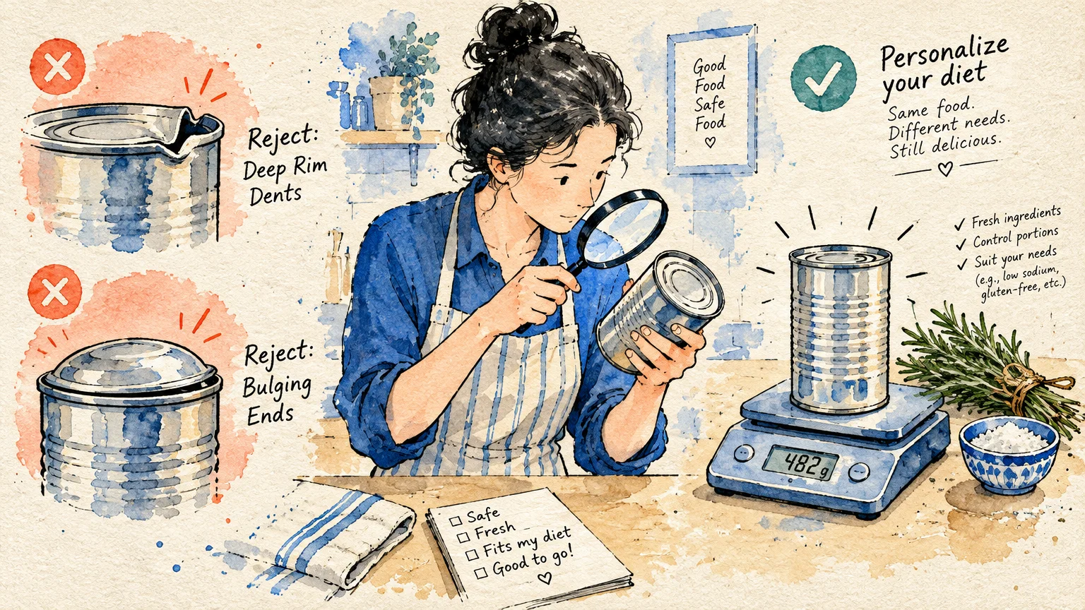 Woman inspecting a food can with a magnifying glass beside diagrams of dented and bulging cans on a kitchen counter.