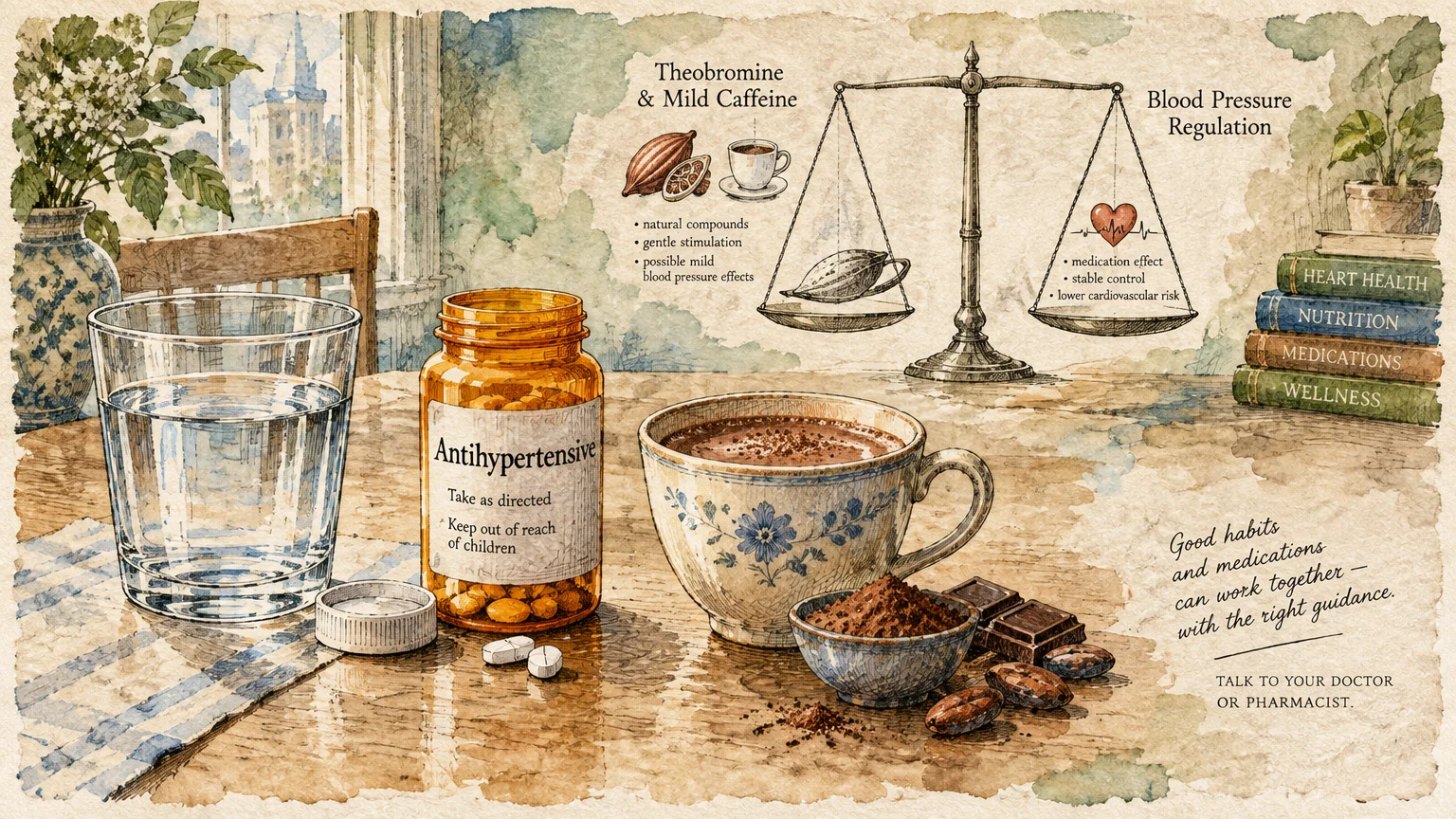 Watercolor illustration of an antihypertensive pill bottle, a cup of cocoa, a water glass, and balance scales on a table.