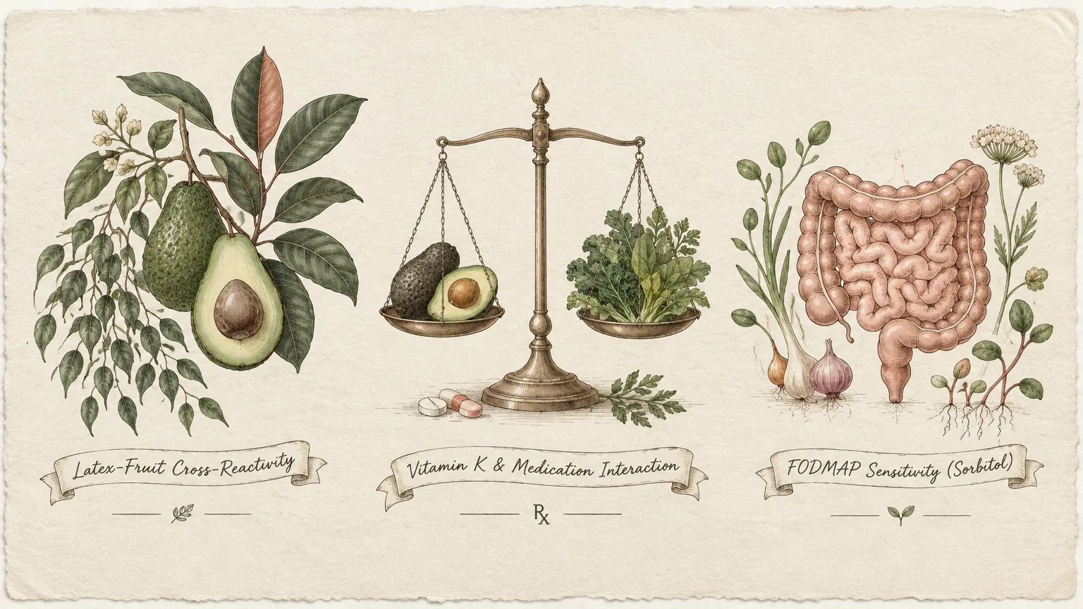 Botanical illustrations of an avocado branch, a scale balancing avocados and greens, and an anatomical digestive tract.
