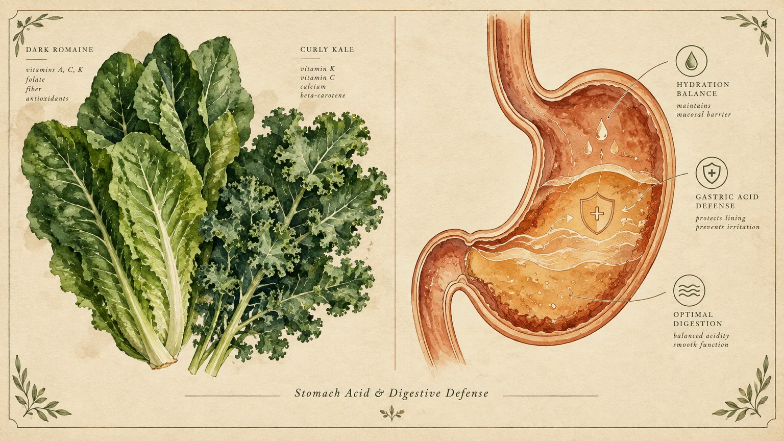 Watercolor diagram of dark romaine lettuce and curly kale beside an anatomical illustration of human stomach lining.