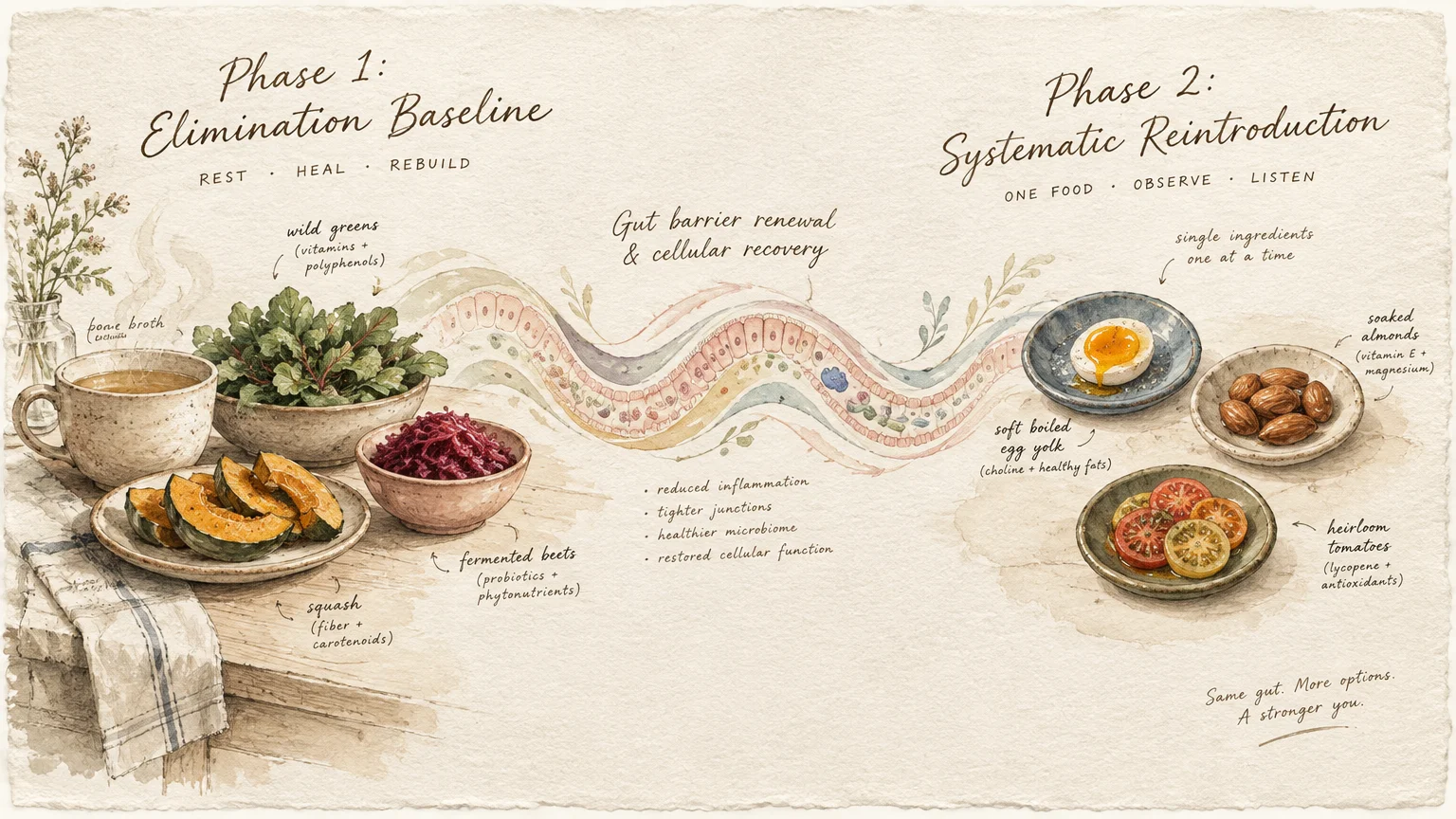 Watercolor illustration showing Phase 1 elimination foods, an intestinal barrier diagram, and Phase 2 reintroduction dishes.