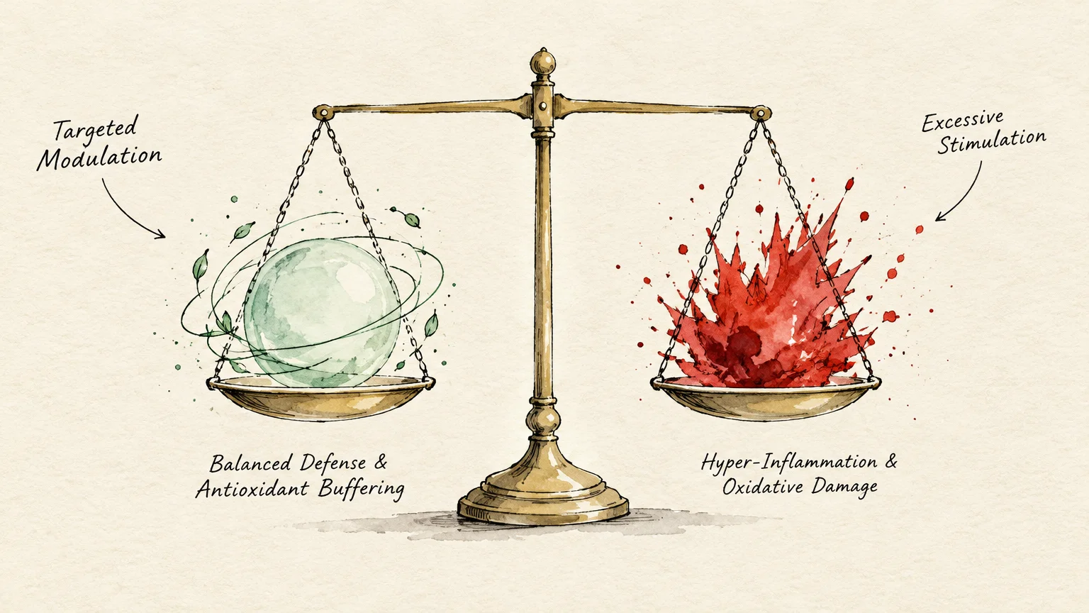 Illustration of a balance scale comparing a calm green sphere of balanced defense to a red splash of hyper-inflammation.