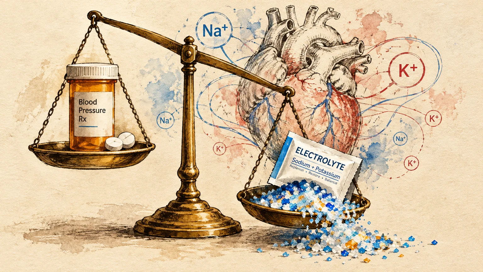 Balance scale weighing a blood pressure pill bottle against an electrolyte packet beside an anatomical heart.