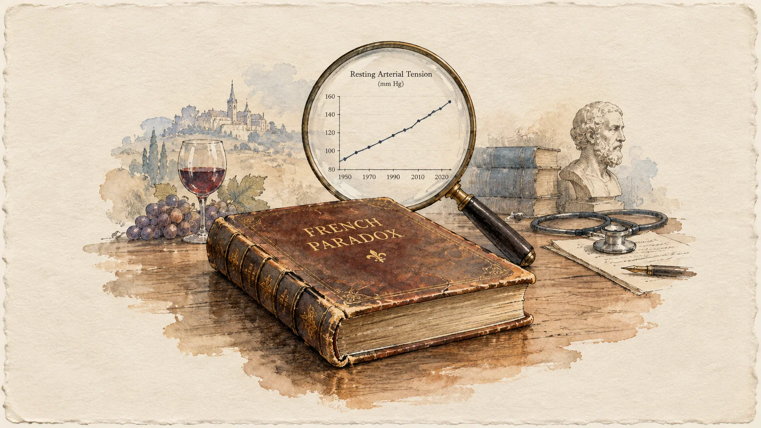 Illustration of a leather book titled French Paradox beside a glass of wine, stethoscope, and magnifying glass showing a graph.