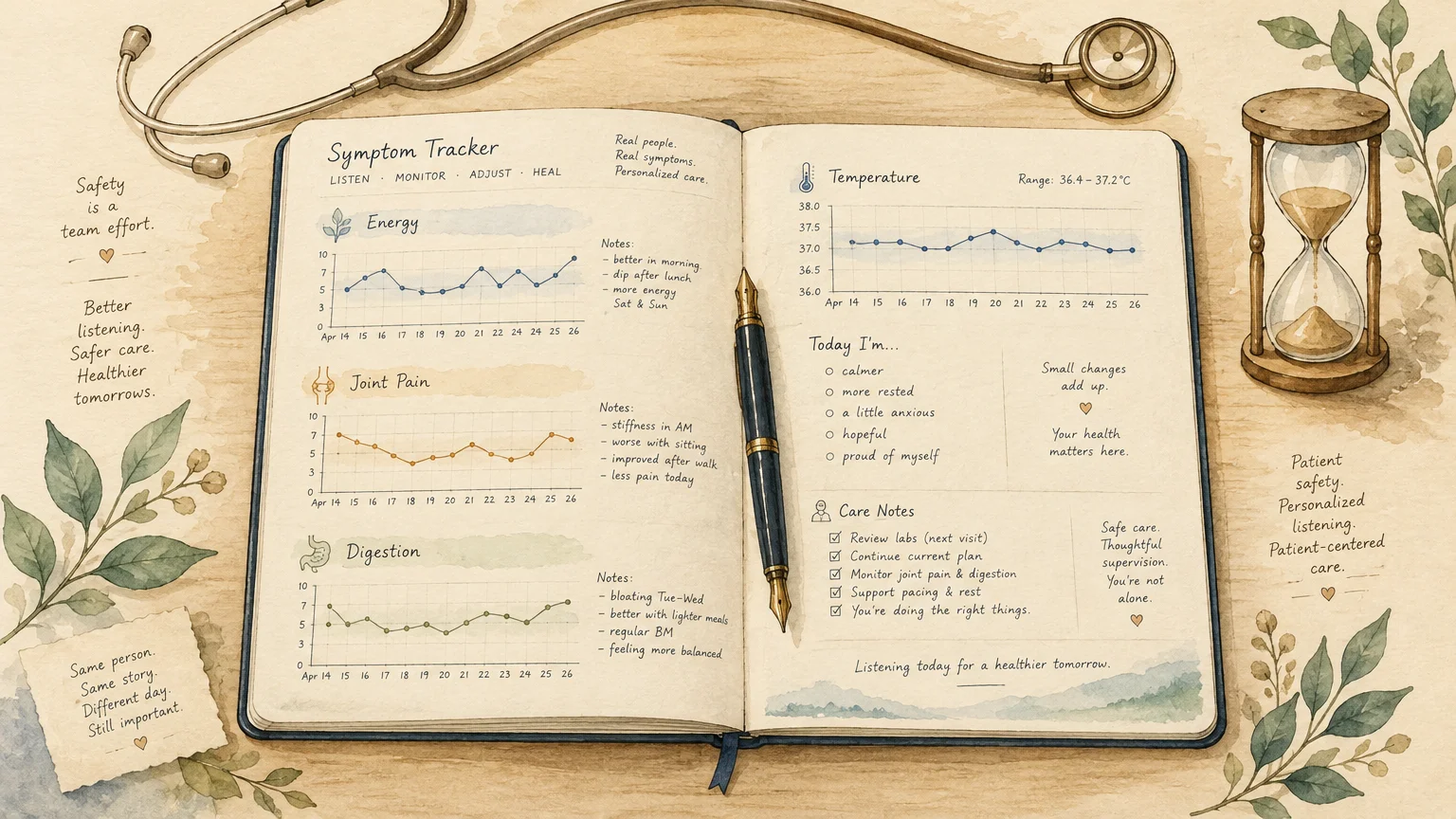 Open symptom tracker journal with charts and a fountain pen, flanked by a stethoscope and an hourglass.