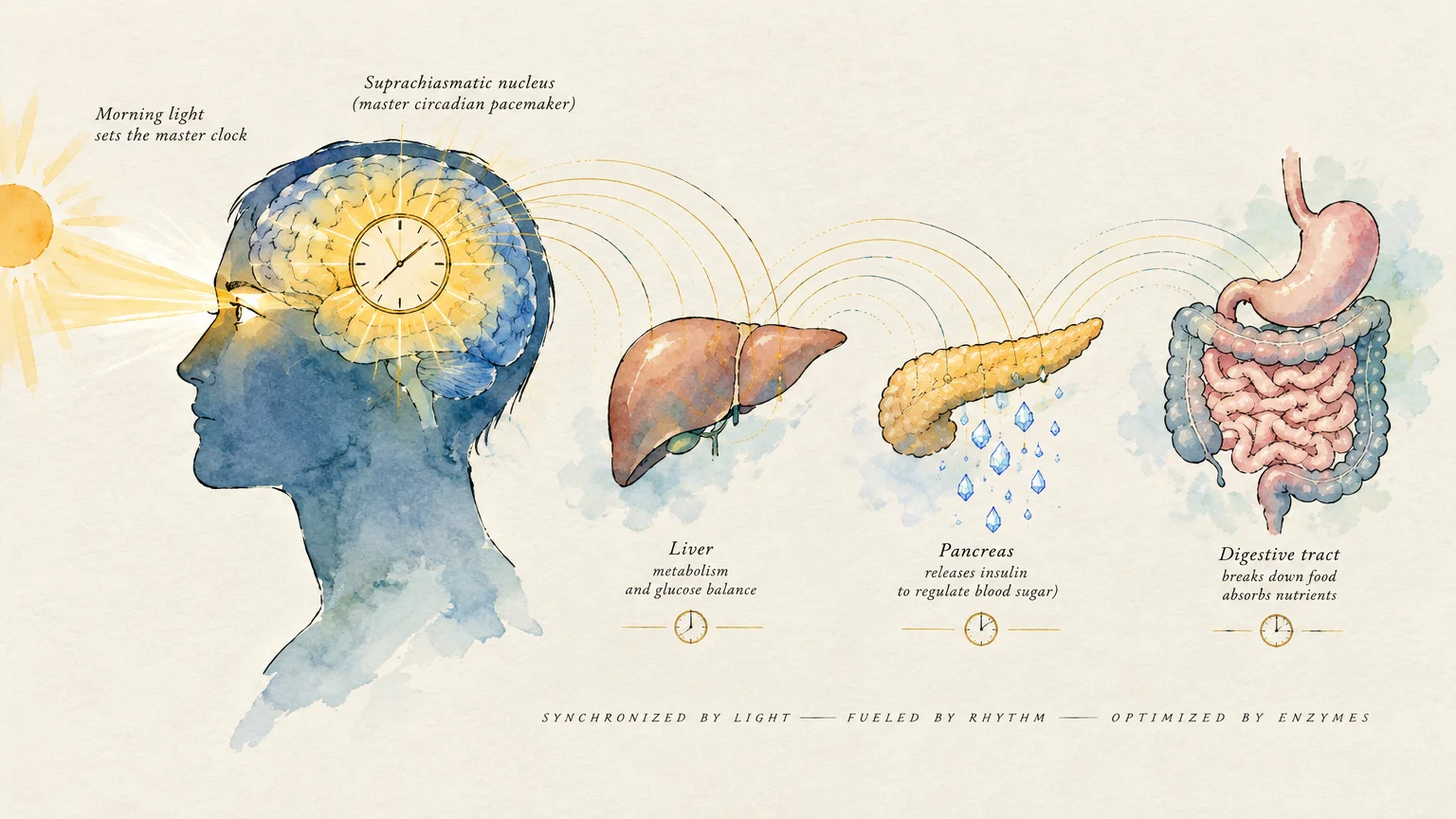 Diagram showing sunlight hitting an eye, connecting a brain clock to the liver, pancreas, and digestive tract.