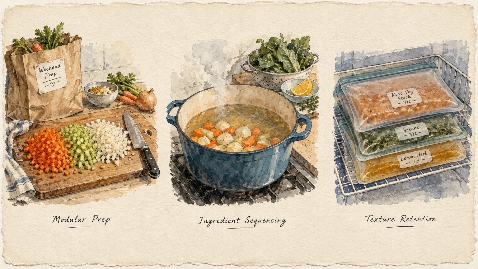 Three-panel watercolor showing chopped vegetables, a simmering blue pot on a stove, and stacked freezer bags of prepared soup.