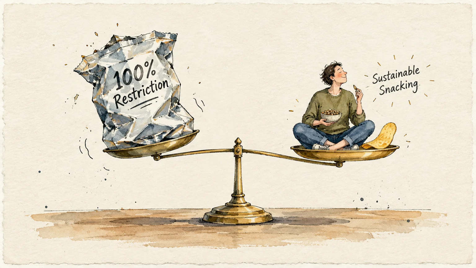 Illustration of a scale balancing a crumpled bag marked 100% Restriction against a person labeled Sustainable Snacking.