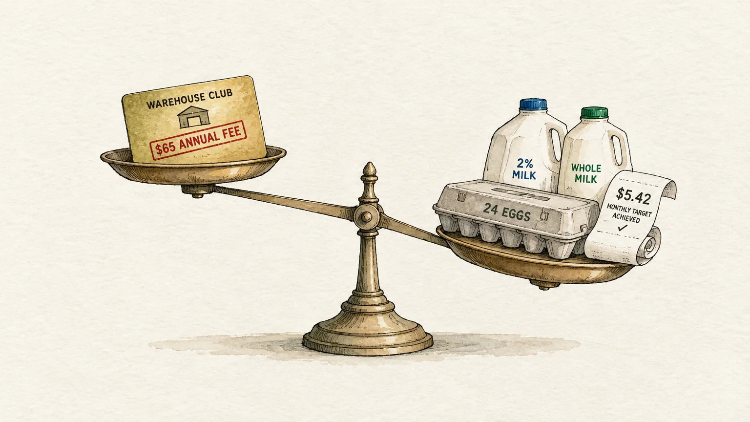 Illustration of a balance scale weighing a warehouse club membership card against milk jugs, eggs, and a savings receipt.