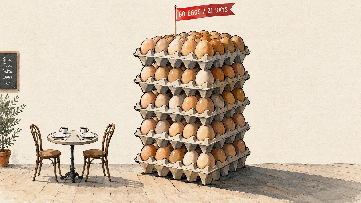 Illustration of a towering stack of brown eggs in cartons beside a small cafe table set with two chairs.
