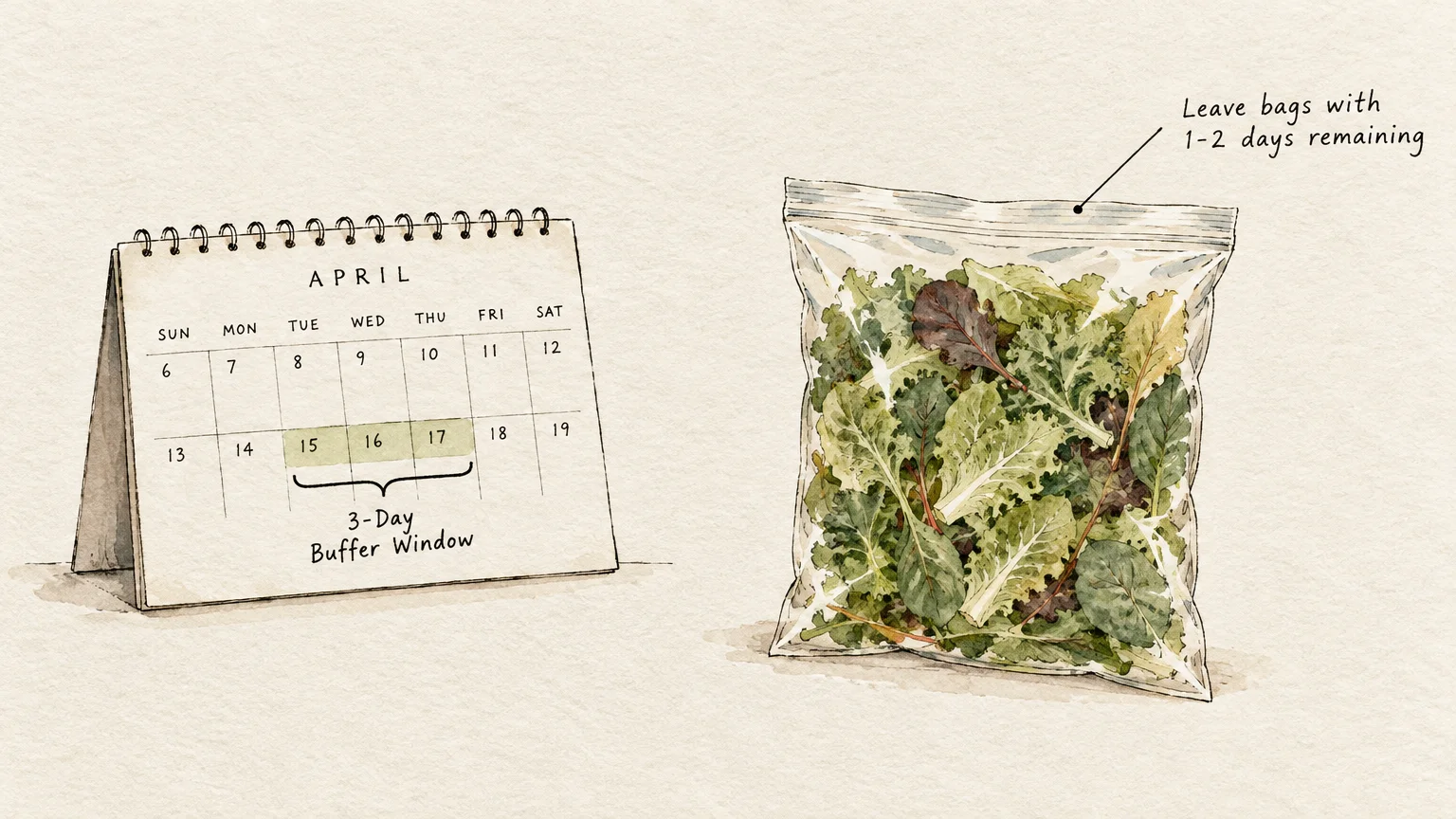 Watercolor illustration of a desk calendar marked with a 3-day buffer window beside a plastic bag of mixed salad greens.