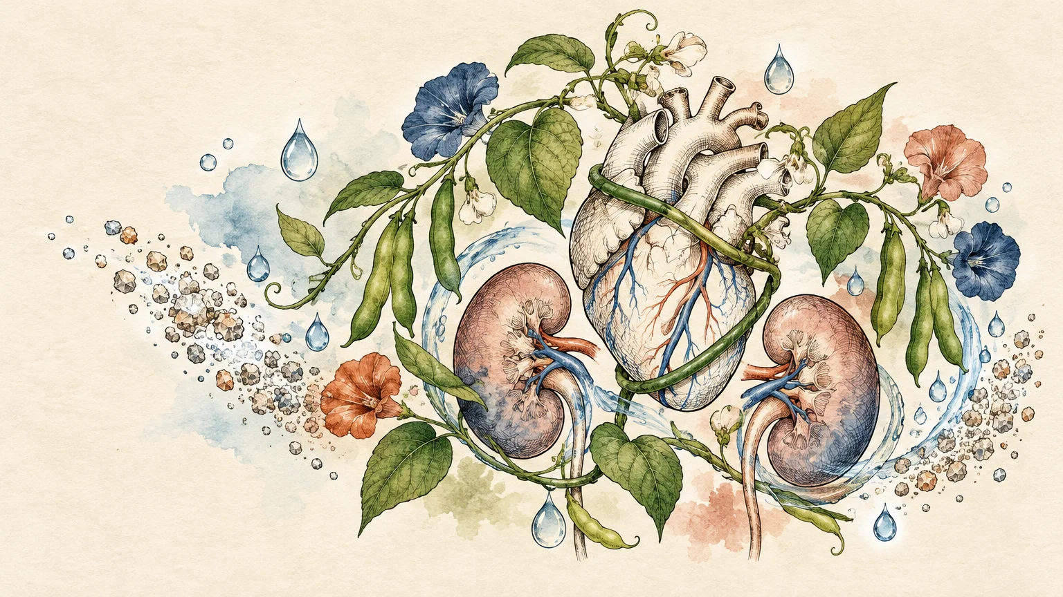 Botanical illustration of a human heart and kidneys entwined with bean vines, flowers, water droplets, and salt crystals.