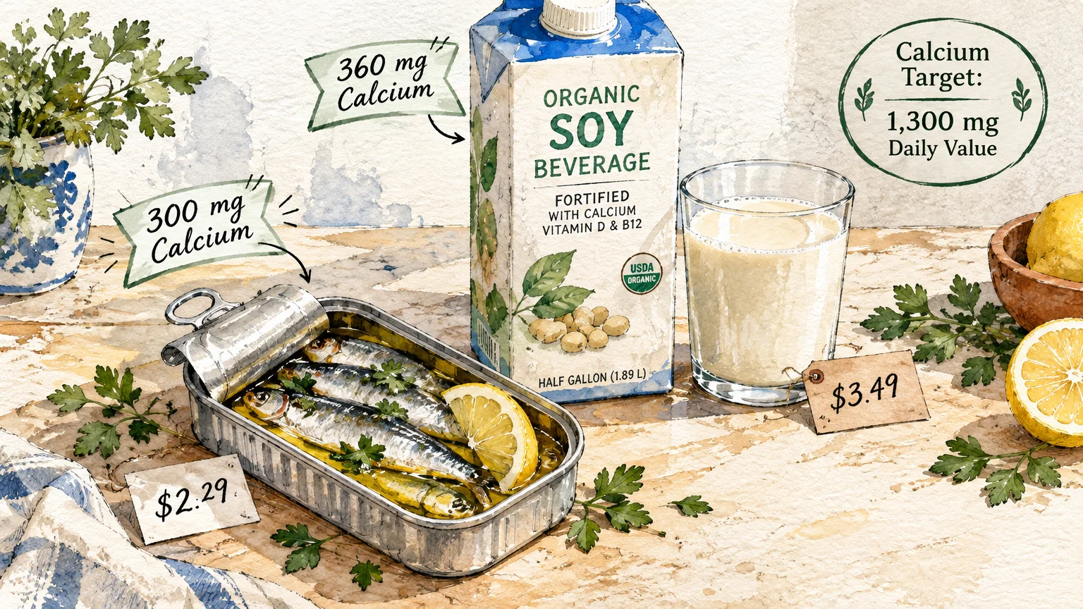 Watercolor illustration of an open tin of sardines beside a carton and glass of fortified organic soy beverage with price tags.