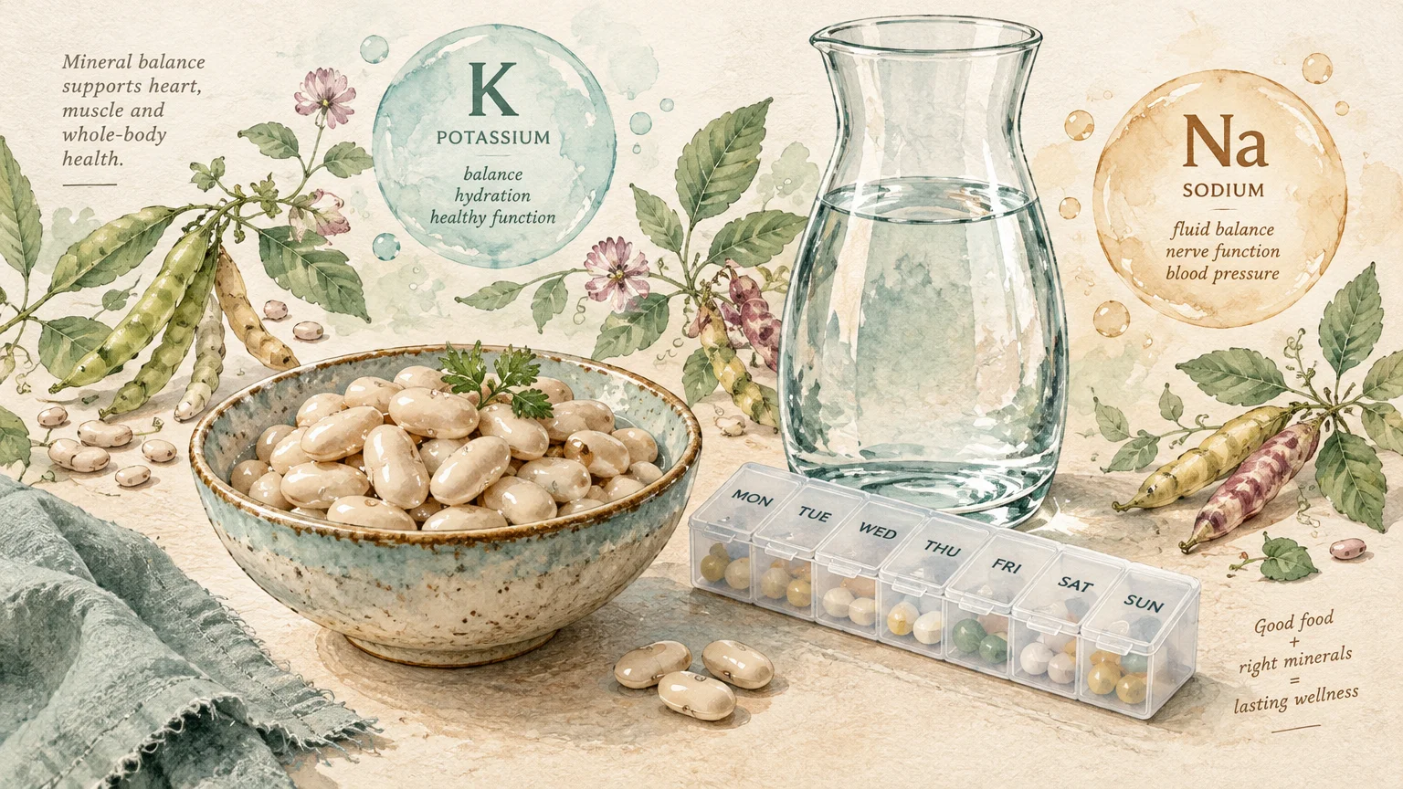Watercolor illustration of a bowl of white beans, a daily pill organizer, a water carafe, and bean plant vines.