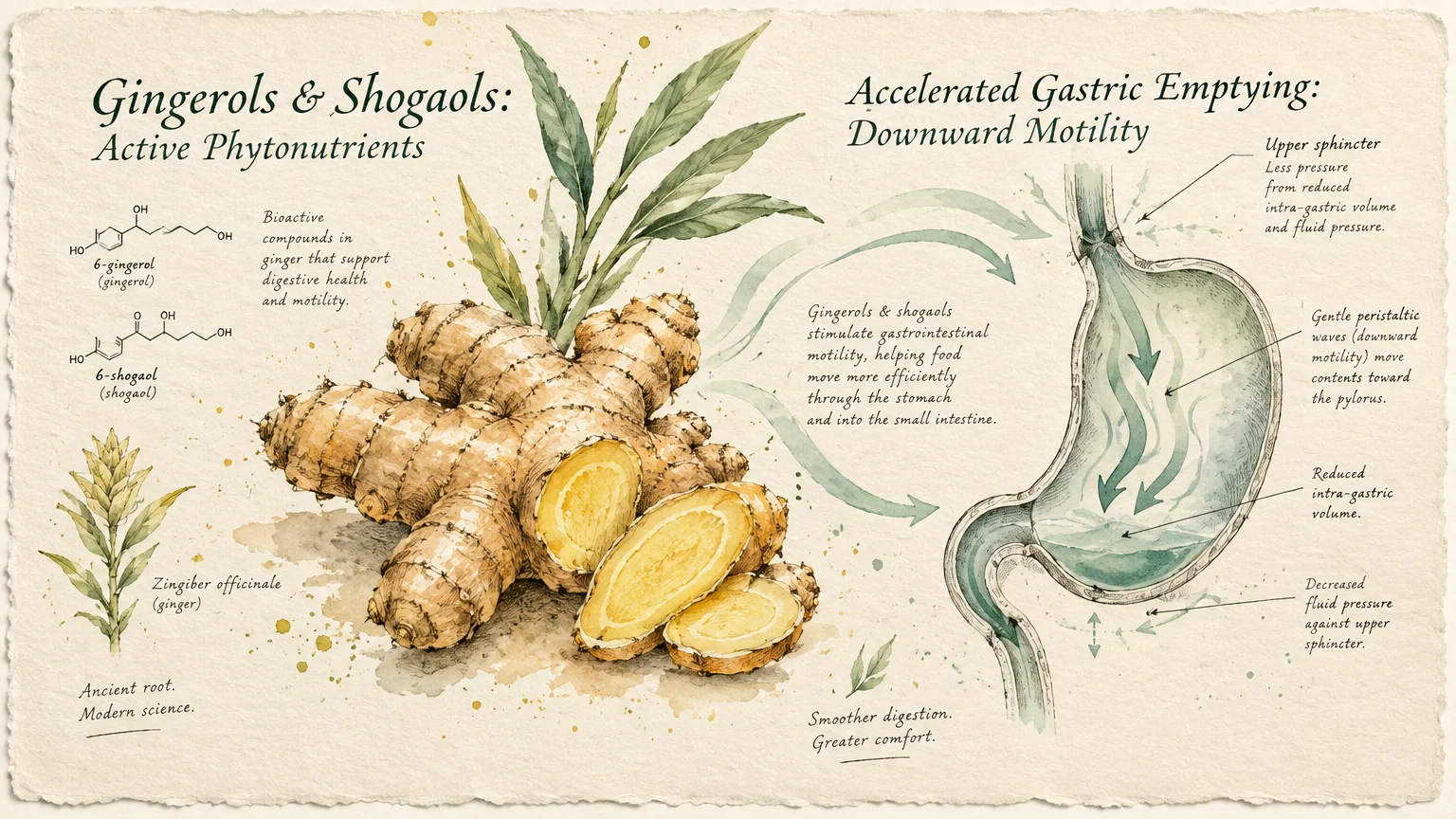 Botanical illustration of ginger root and chemical structures beside a diagram of stomach digestion and motility.
