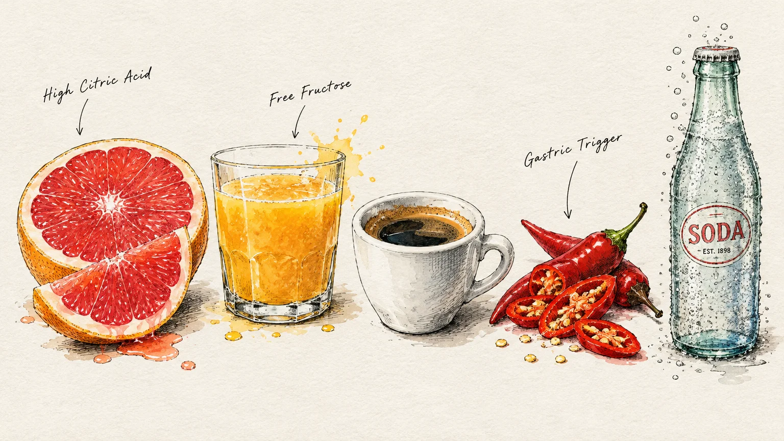 Illustration of a grapefruit, orange juice glass, coffee cup, sliced chili peppers, and a soda bottle with text labels.