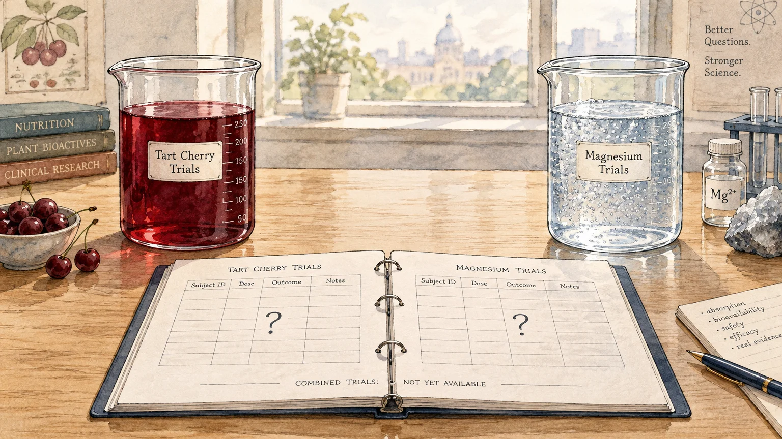 Illustration of beakers labeled Tart Cherry Trials and Magnesium Trials sitting beside an open binder marked with question marks.