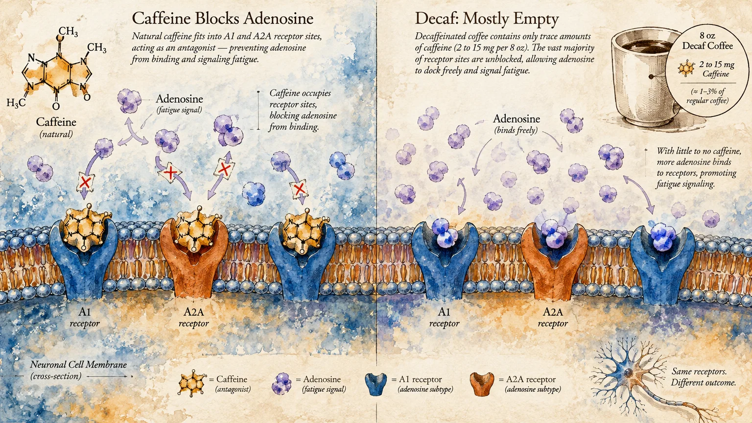 Ink and watercolor diagram comparing caffeine molecules blocking cell membrane receptors versus decaf coffee leaving them open.