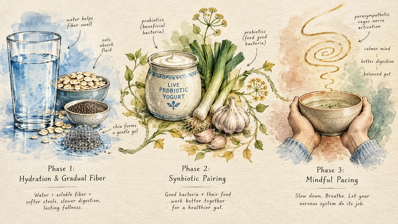 Illustrated guide showing three digestive phases: water with oats and seeds, probiotic yogurt with leeks, and warm soup.
