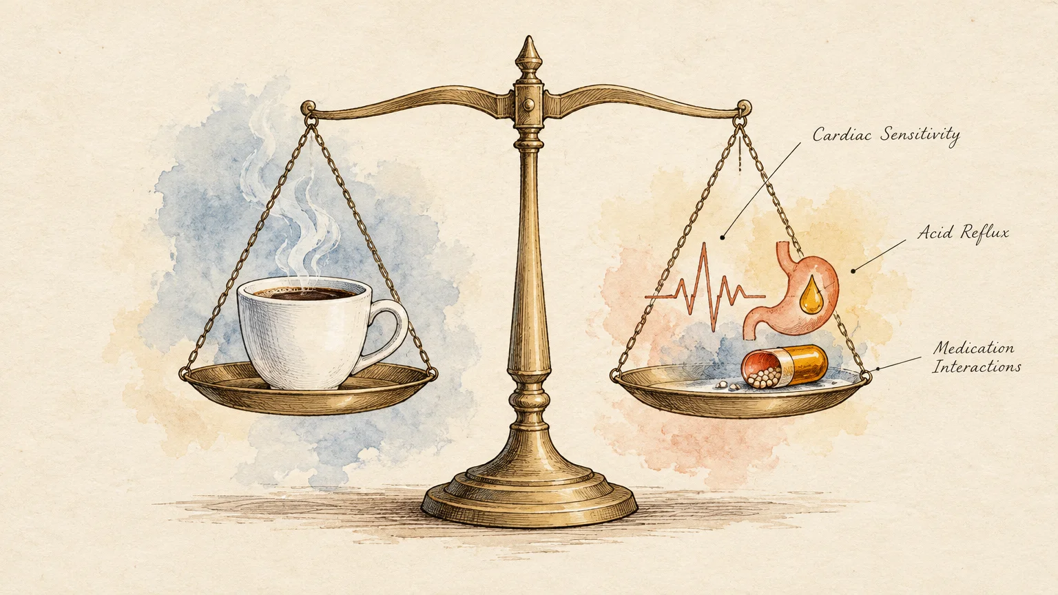 Brass balance scale holding a steaming coffee cup on one side and heartline, stomach, and pill icons on the other.