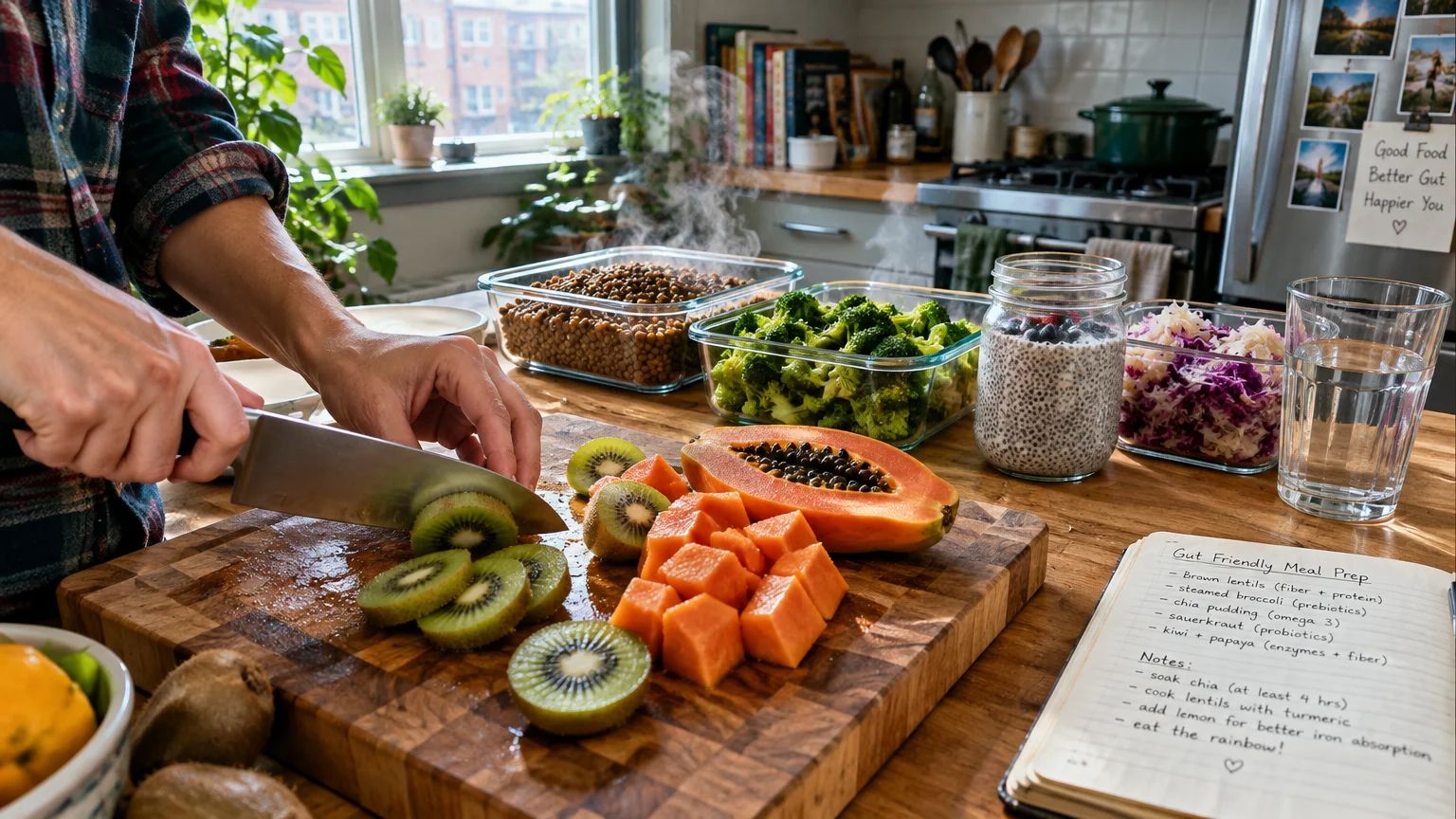 A person slicing kiwi and papaya on a cutting board beside containers of lentils, broccoli, chia pudding, and kraut.