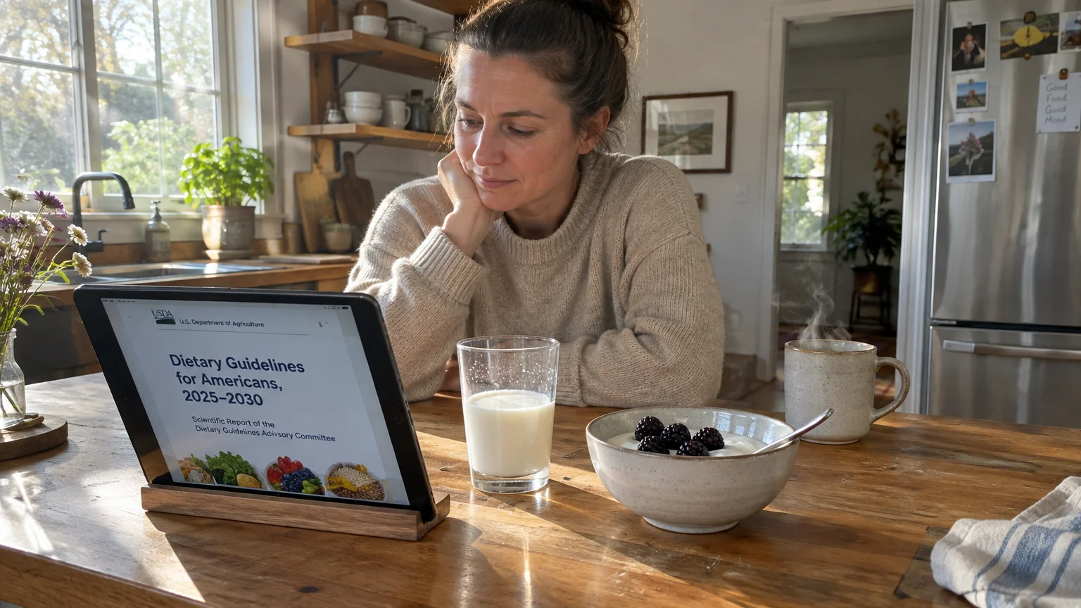 A woman sitting at a kitchen table looking at a tablet showing the Dietary Guidelines for Americans report beside milk.
