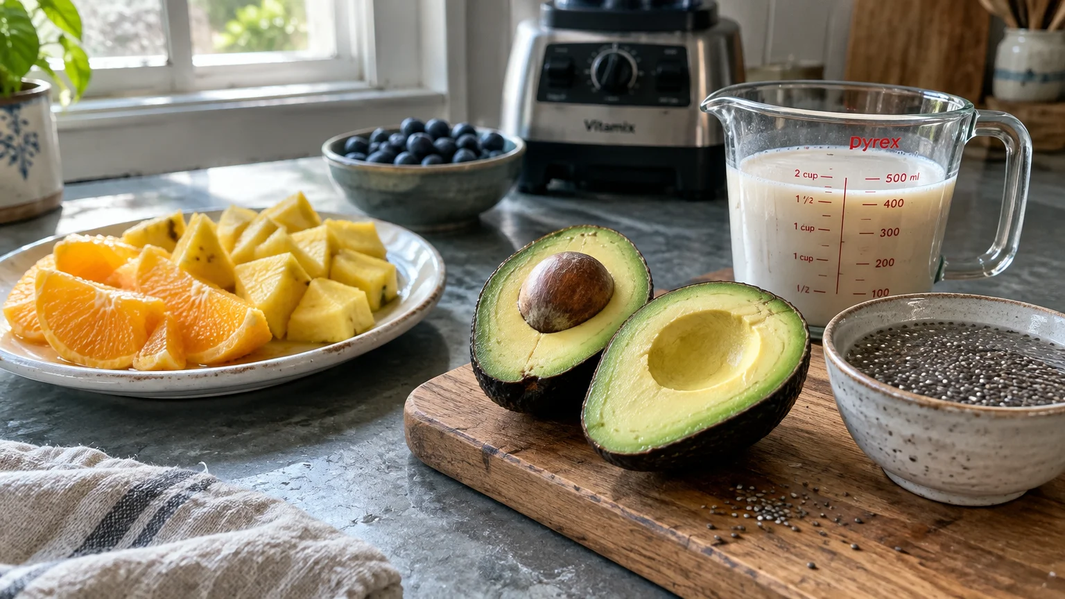 Sliced avocado, pineapple, orange wedges, blueberries, chia seeds, and milk in a measuring cup by a blender.