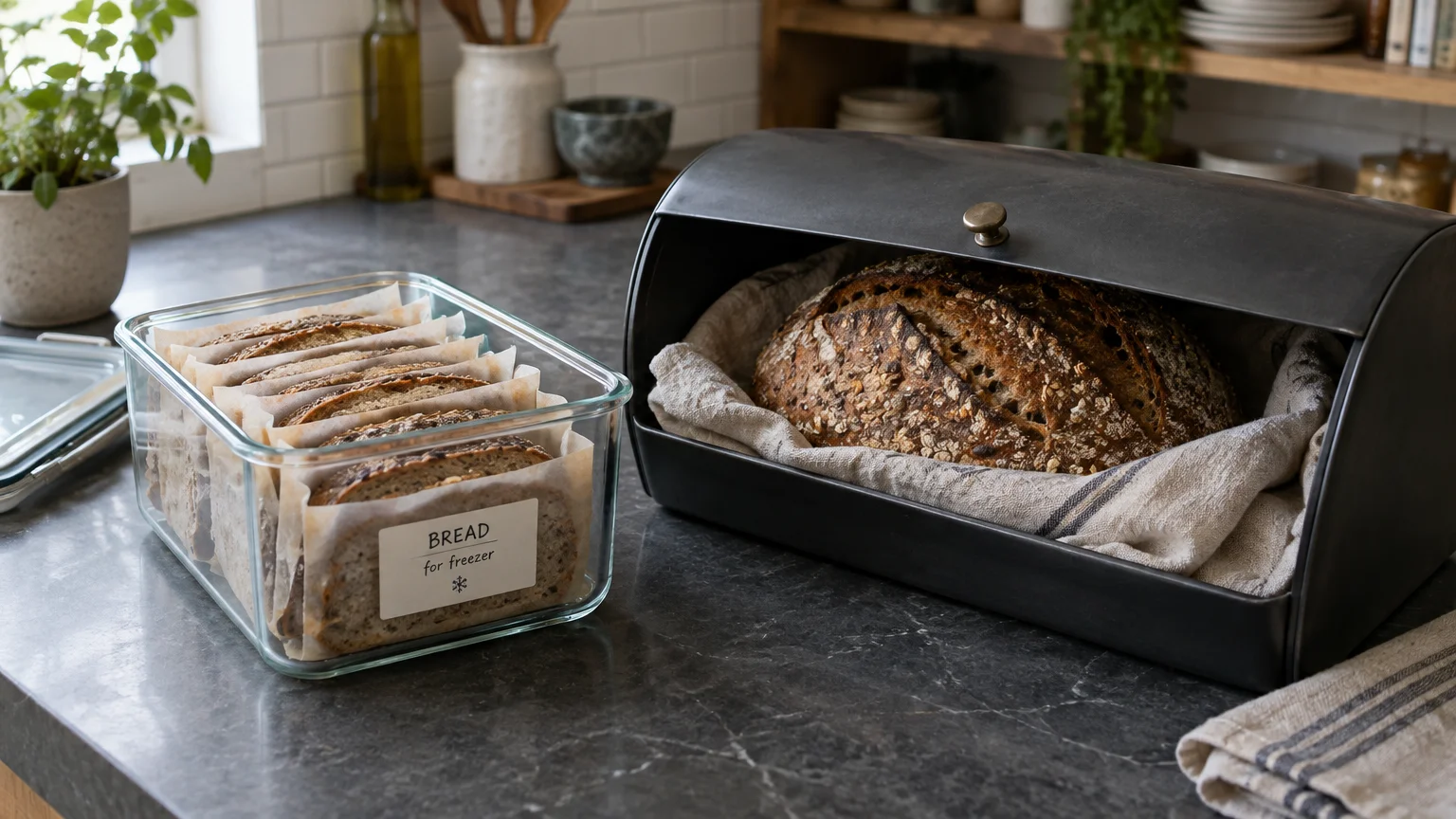 Sliced bread separated by parchment paper in a glass container next to a loaf resting inside a dark metal bread box.