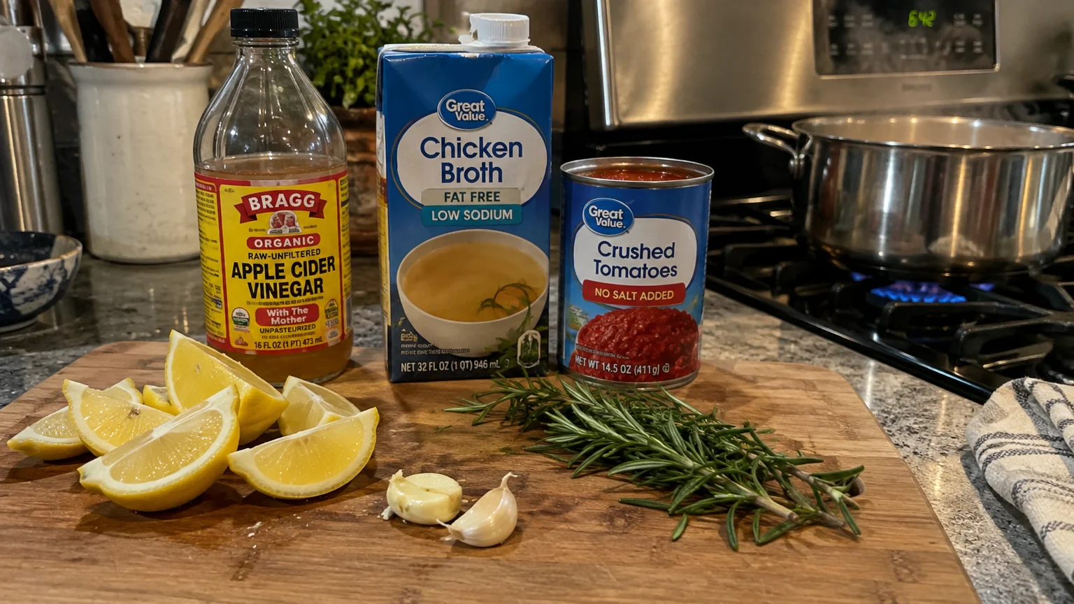 Apple cider vinegar, chicken broth, canned tomatoes, lemon wedges, garlic, and rosemary arranged on a cutting board by a stove.