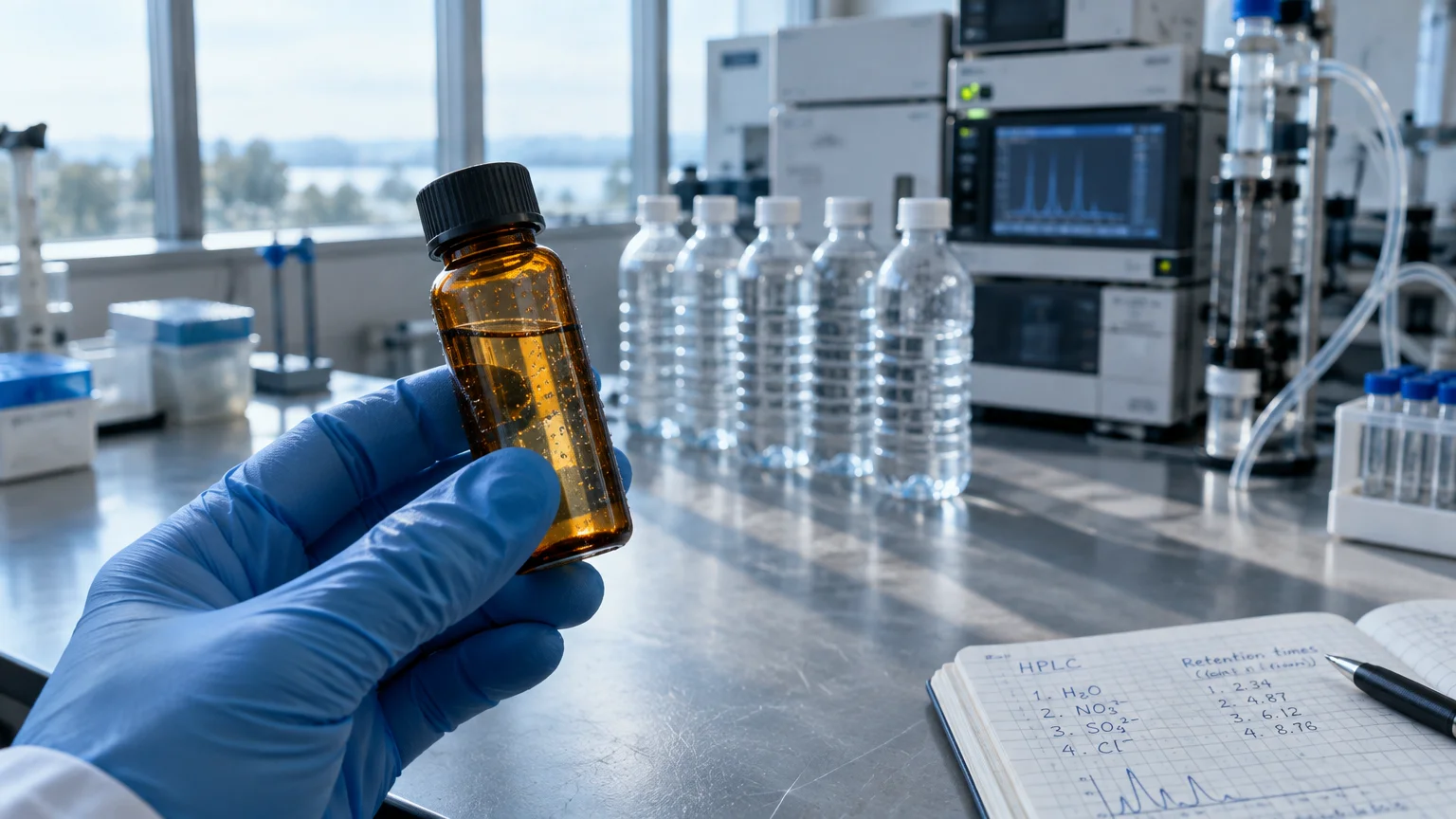 A gloved hand holds an amber vial in a laboratory near plastic water bottles, analytical equipment, and a lab notebook.