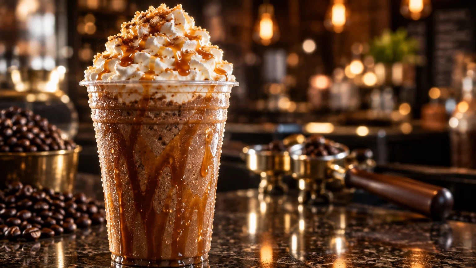 Blended coffee drink in a clear cup topped with whipped cream, caramel drizzle, and crumbles on a cafe counter.