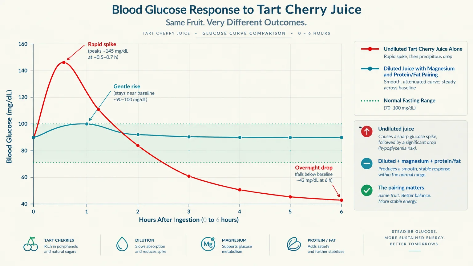 Line graph comparing blood glucose response between undiluted tart cherry juice and a diluted mix with magnesium and protein.
