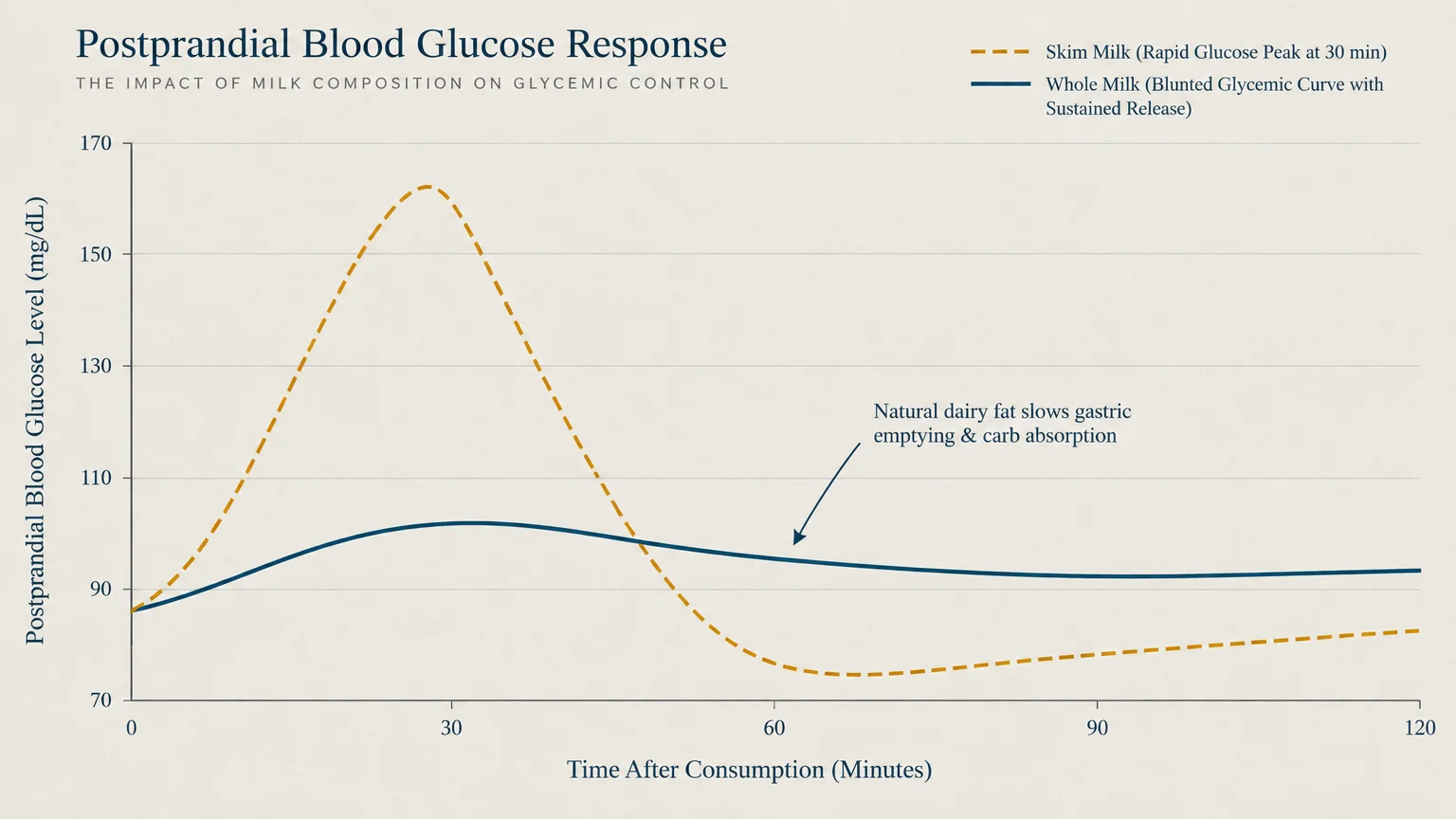 Line graph comparing postprandial blood glucose levels after drinking skim milk versus whole milk over 120 minutes.